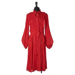 Vintage Red silk chiffon pleated cocktail dress with ruffles Philippe Venet Circa 1970