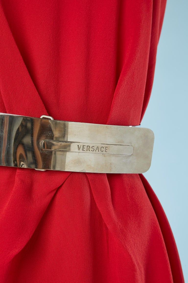 Red silk cocktail dress with metallic branded belt Versace For Sale at