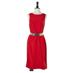 Red silk cocktail dress with metallic branded belt Versace 