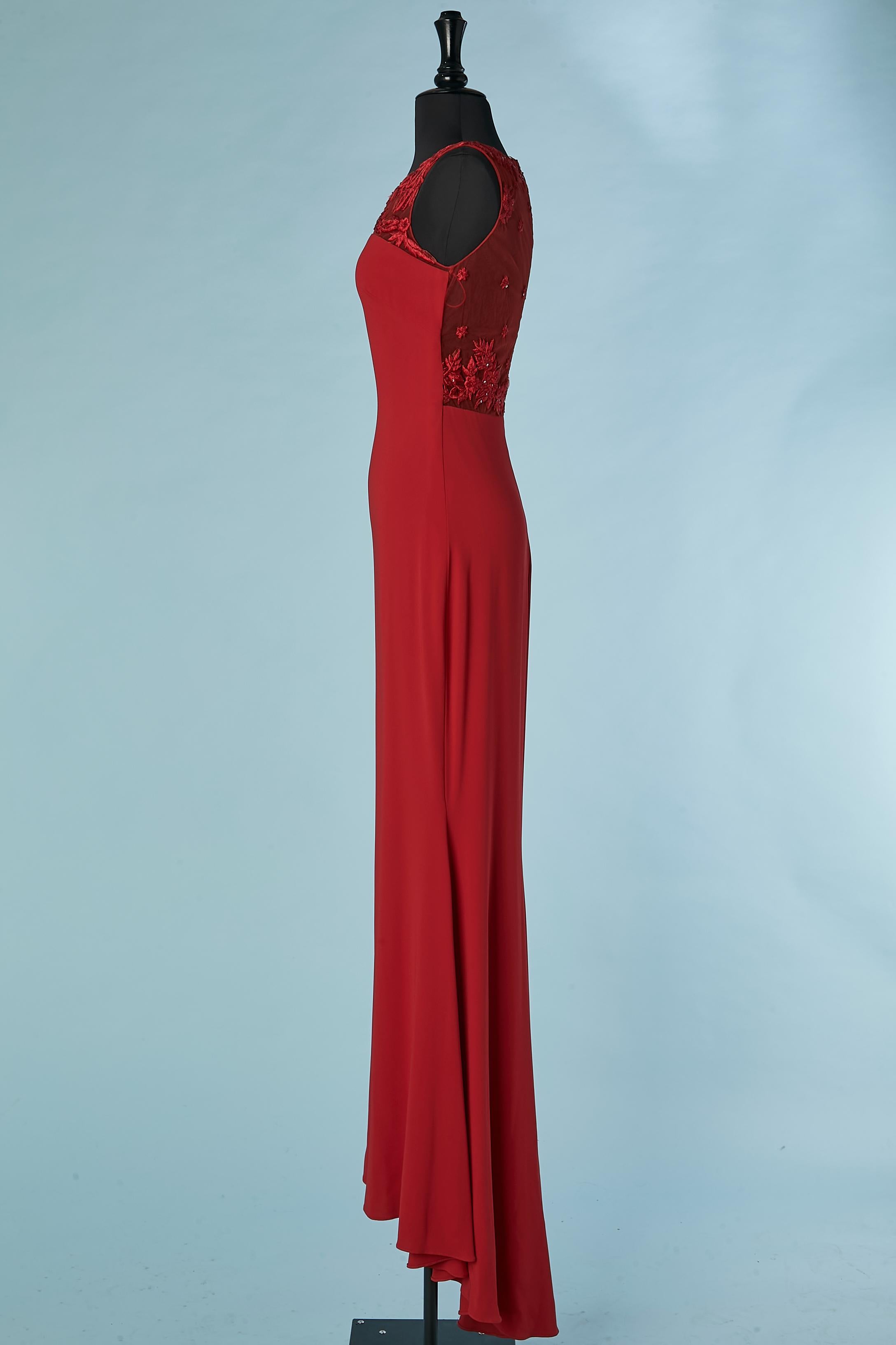 Women's Red silk evening dress with embroideries on tulle on the top Lorena Sarbu  For Sale