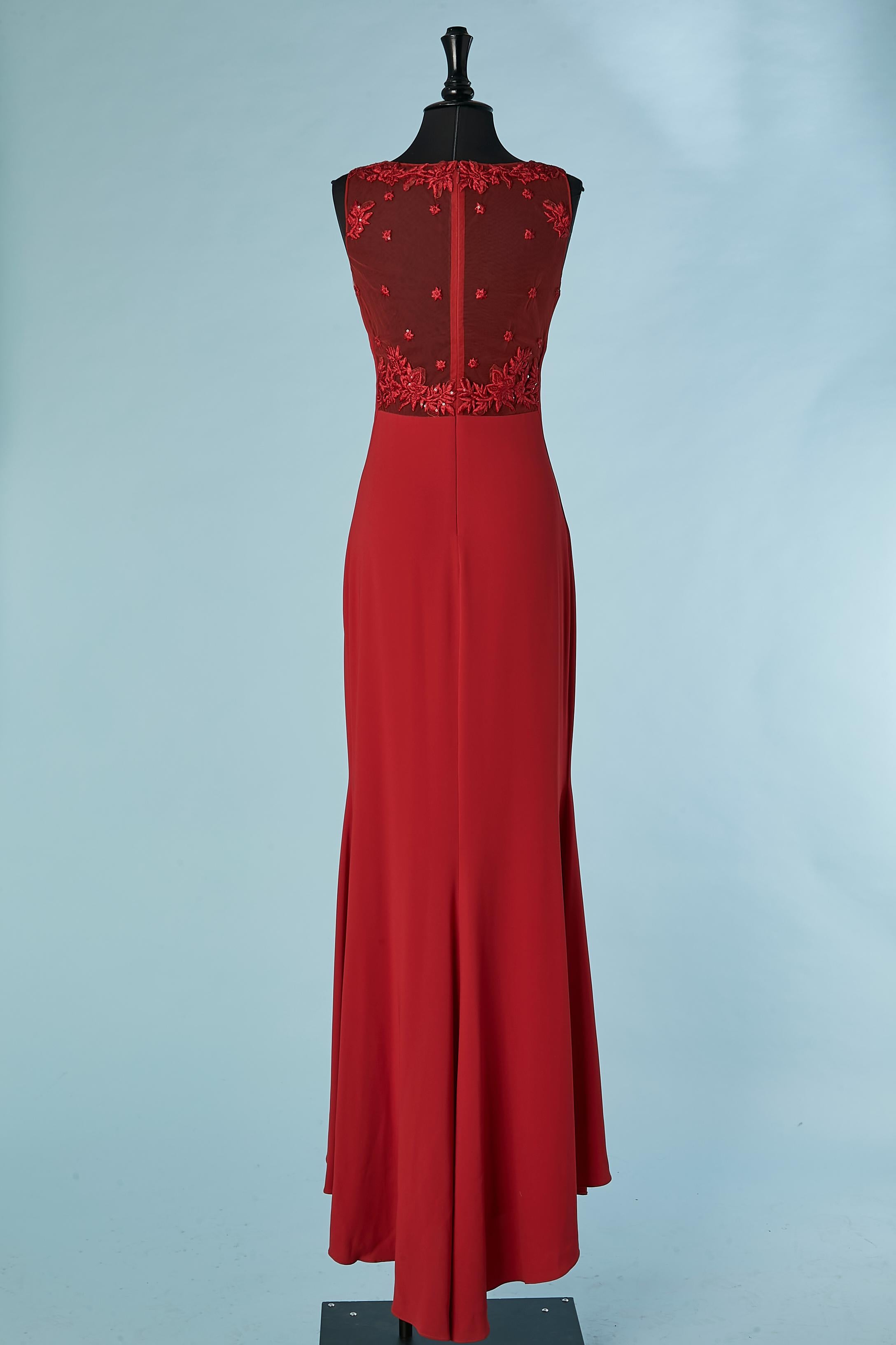 Red silk evening dress with embroideries on tulle on the top Lorena Sarbu For Sale 1