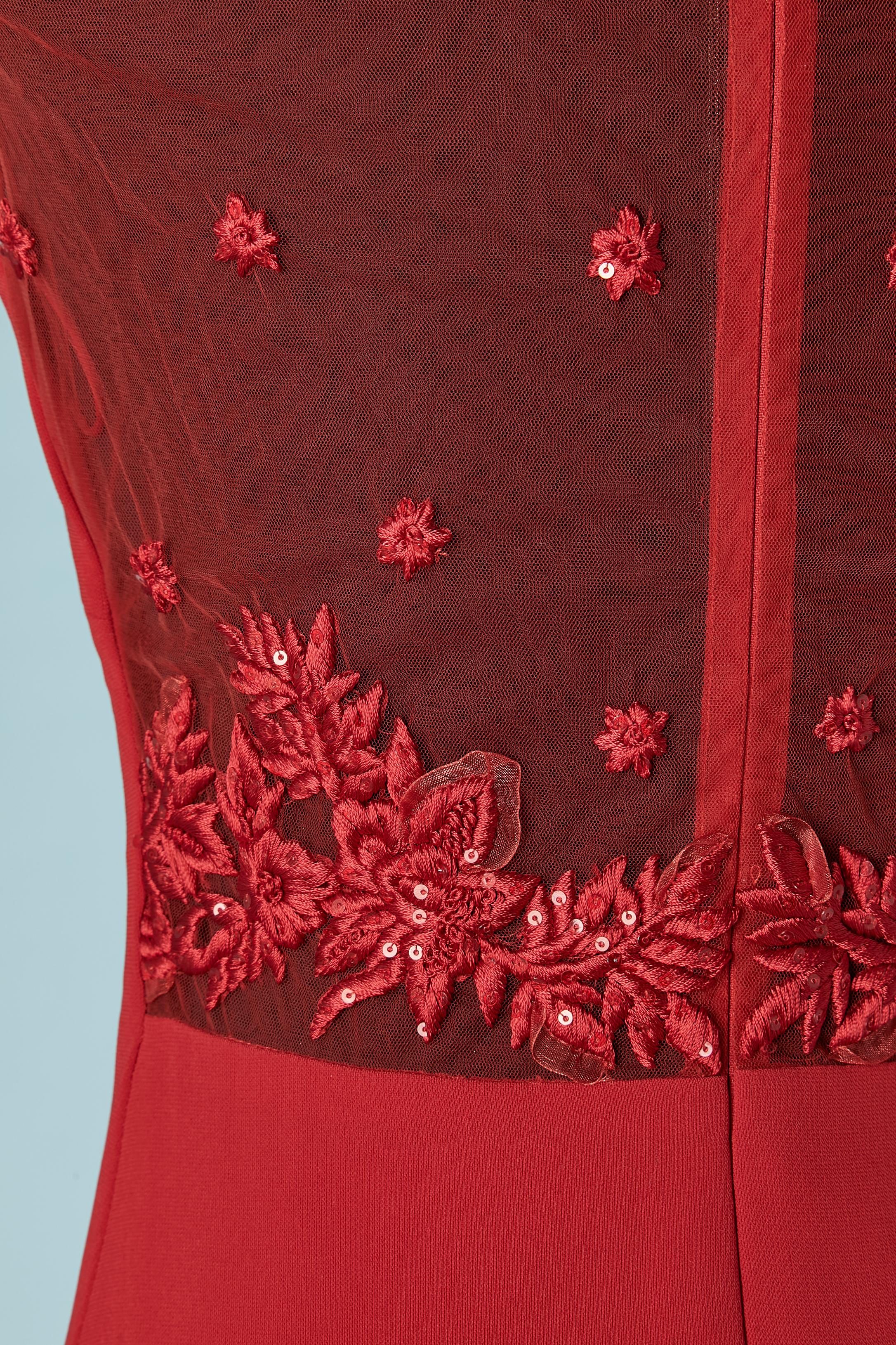 Red silk evening dress with embroideries on tulle on the top Lorena Sarbu For Sale 2