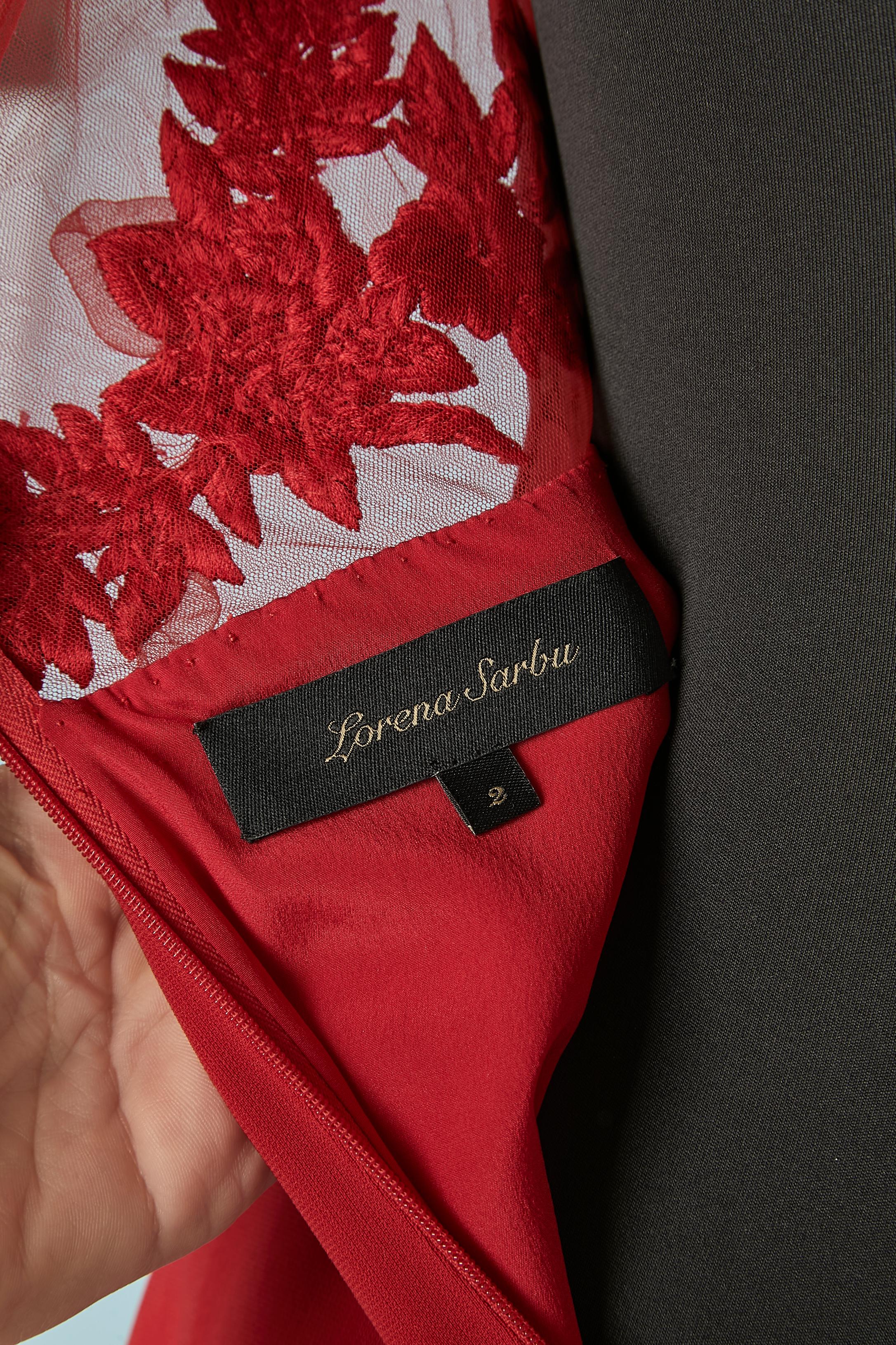 Red silk evening dress with embroideries on tulle on the top Lorena Sarbu For Sale 3