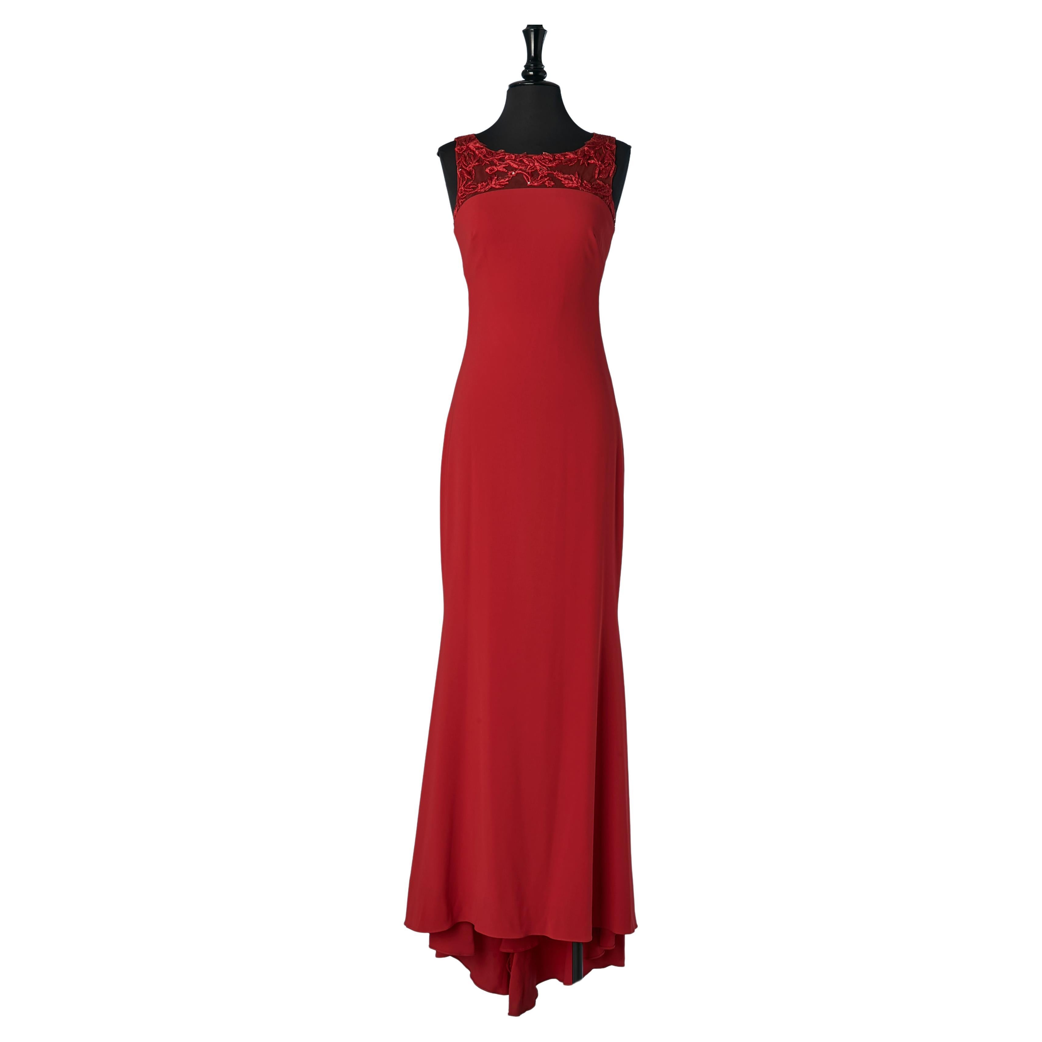 Red silk evening dress with embroideries on tulle on the top Lorena Sarbu  For Sale