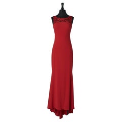 Red silk evening dress with embroideries on tulle on the top Lorena Sarbu