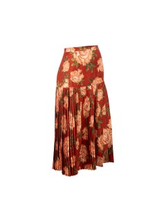 Red Silk Floral Pleated Midi Skirt Size L