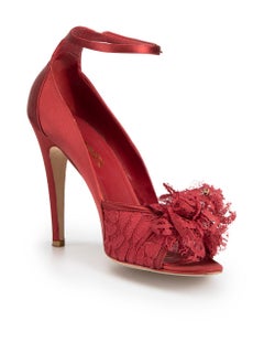 Red Silk Lace Camellia Ankle Strap Heels Size IT 40