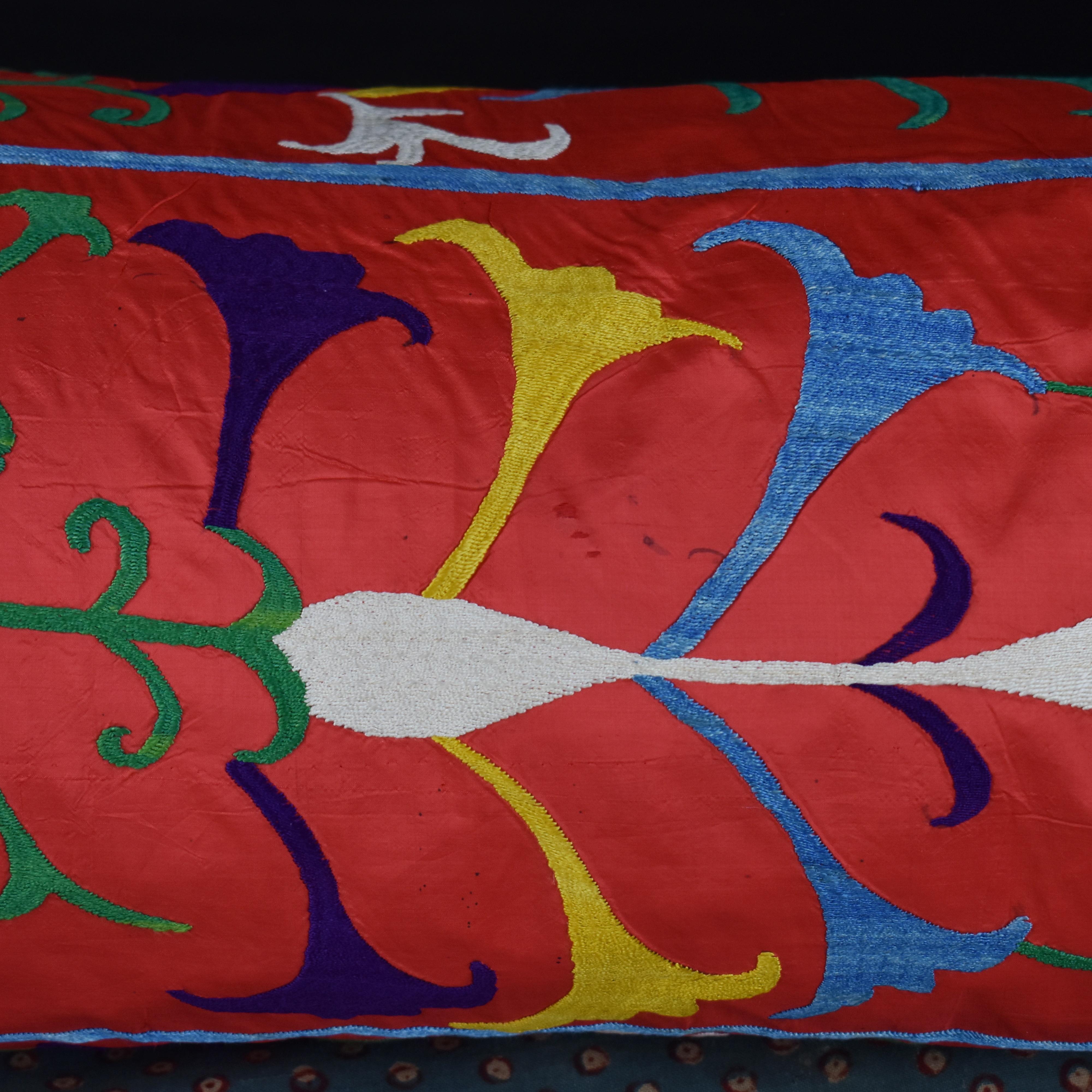 Uzbek Red Silk Lakai Cushion, Bolster For Sale