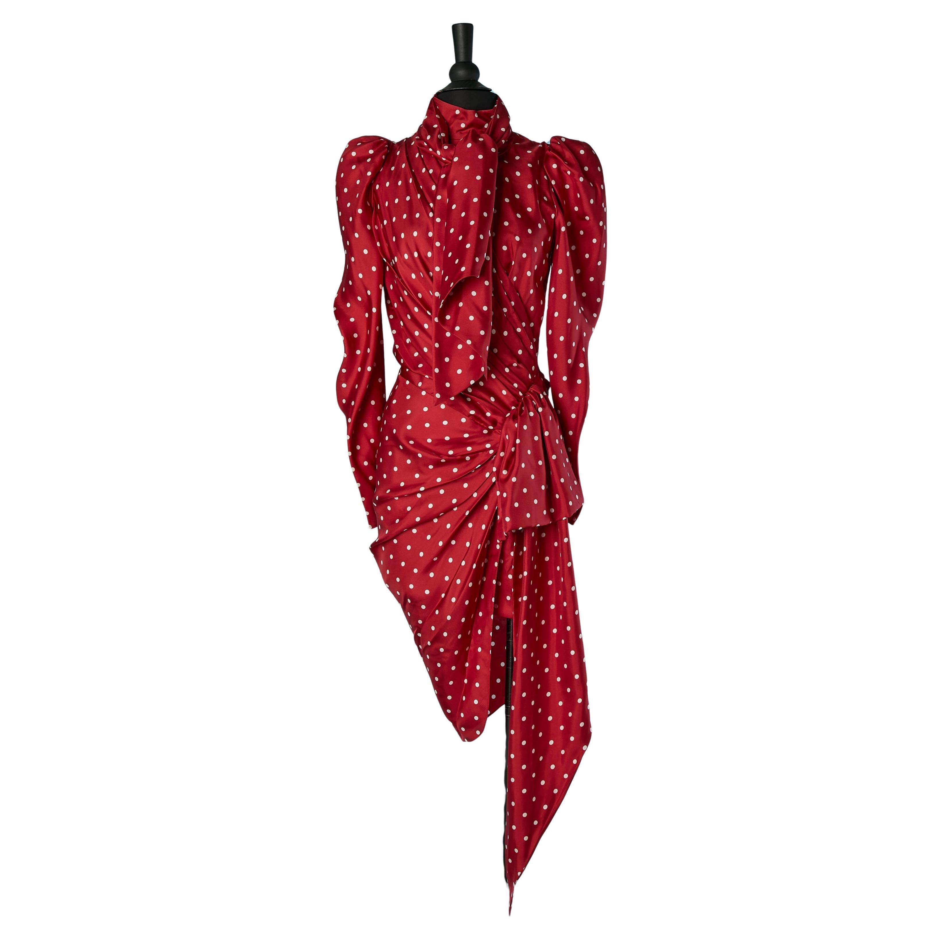 Red silk Polka dots cocktail dress with bow tie ALEXANDRE VAUTHIER Couture