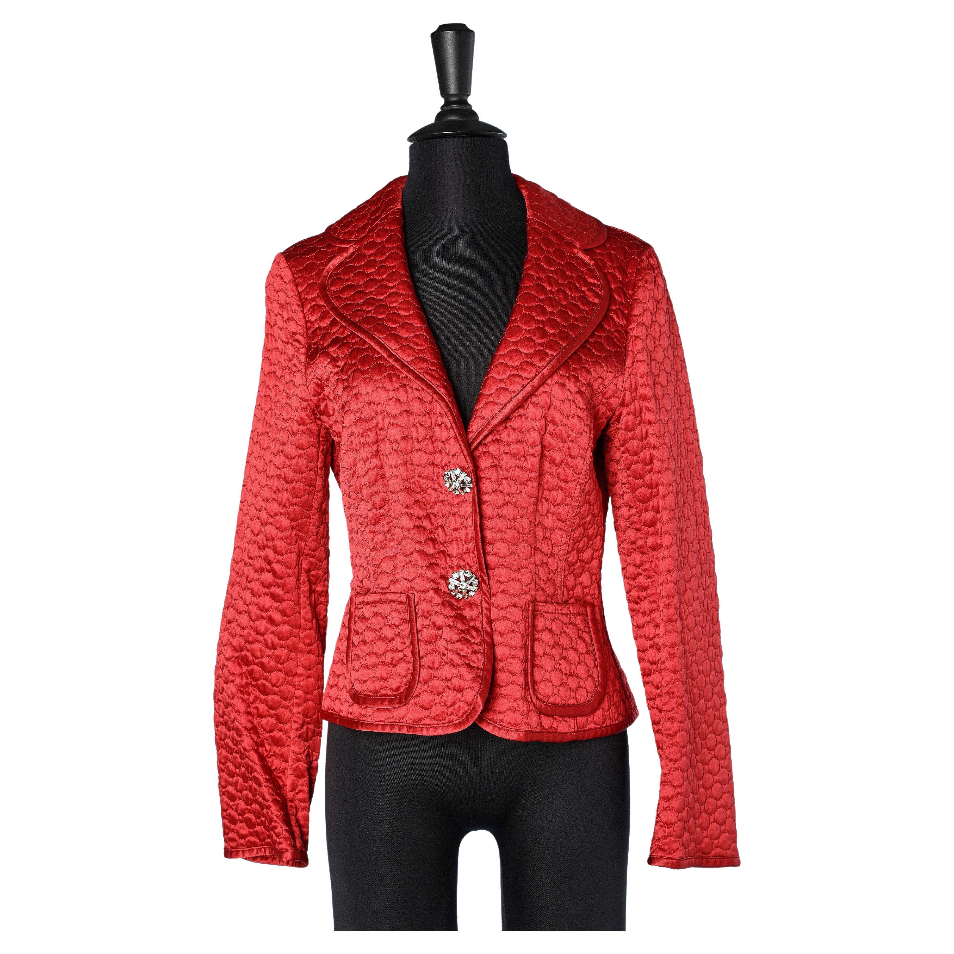 Red silk quilted and top-stitched jacket with rhinestone buttons Escada  For Sale