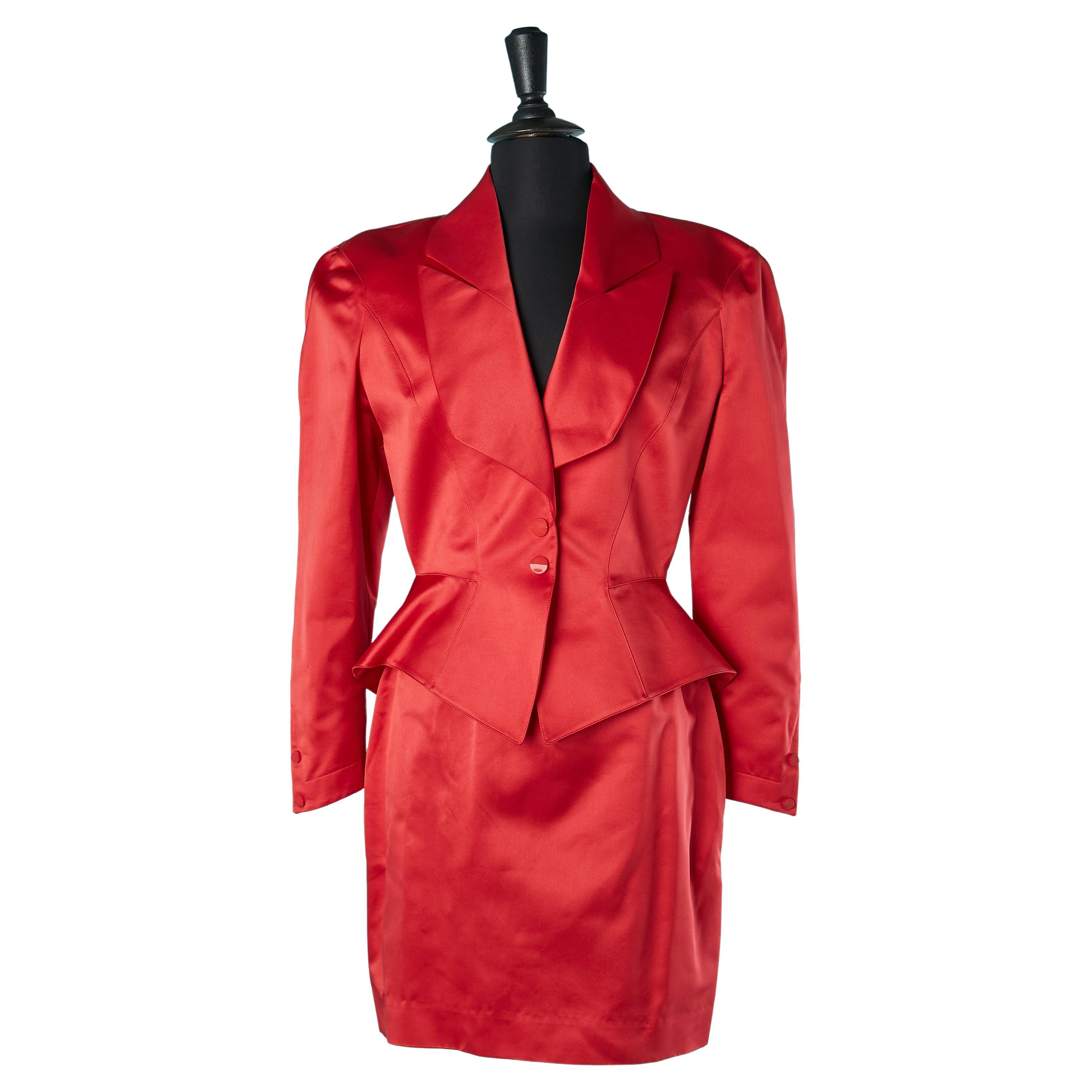 Red silk satin skirt -suit Thierry Mugler Circa 1980's  For Sale