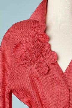 Red silk single breasted jacket with flower appliqué and belt Thierry Mugler