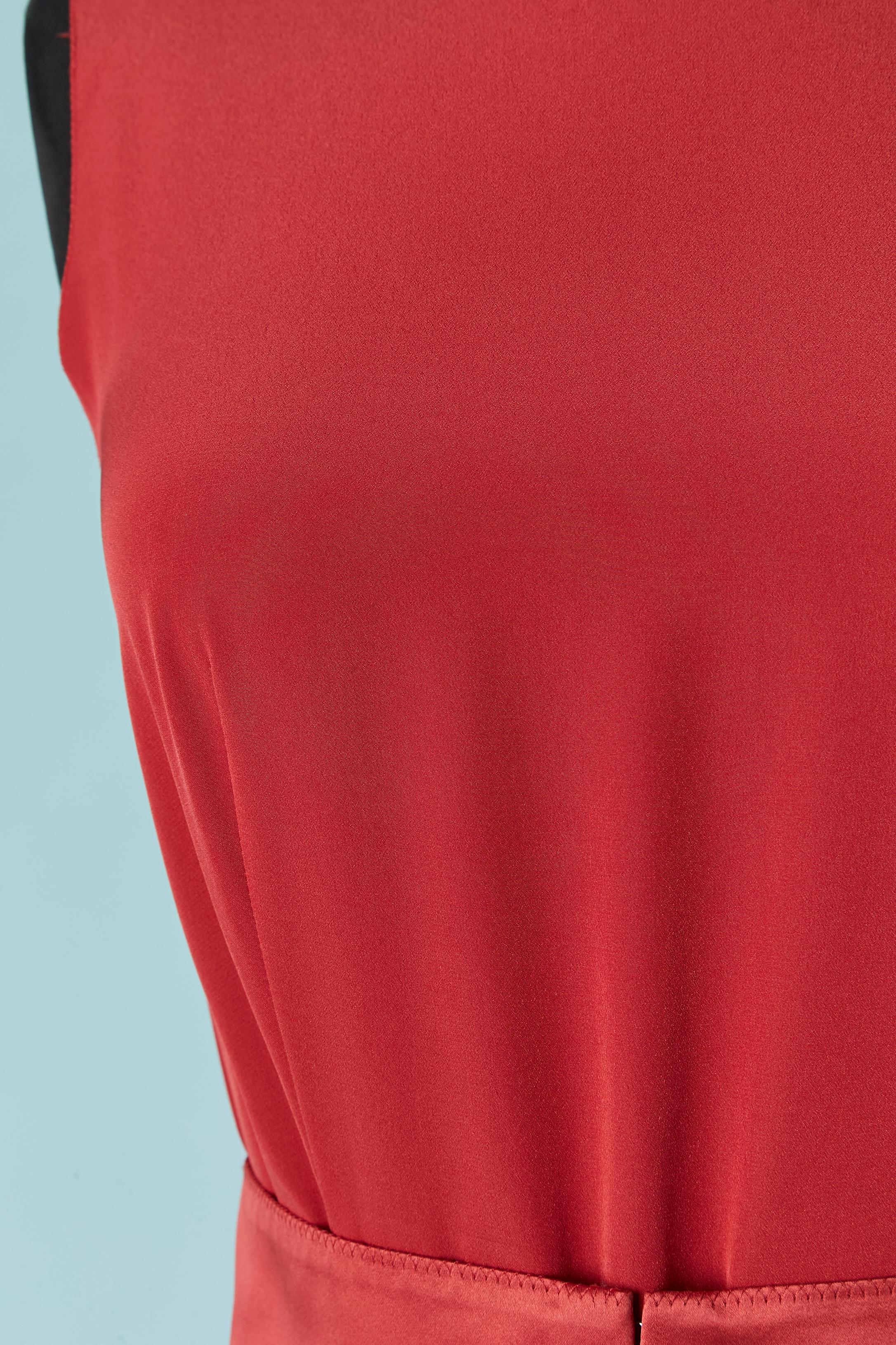 Red silk sleeveless cocktail dress with sunray pleats. Invisible zip on the left side. Belt in the same fabric with hook&eye closure ( we shoot it on the wrong side on our picture, the hook&eye closure are supposed to be on the middle back and not