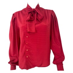 Red Silky Viscose Pussy Bow Blouse Top Size 10/12, 1980s