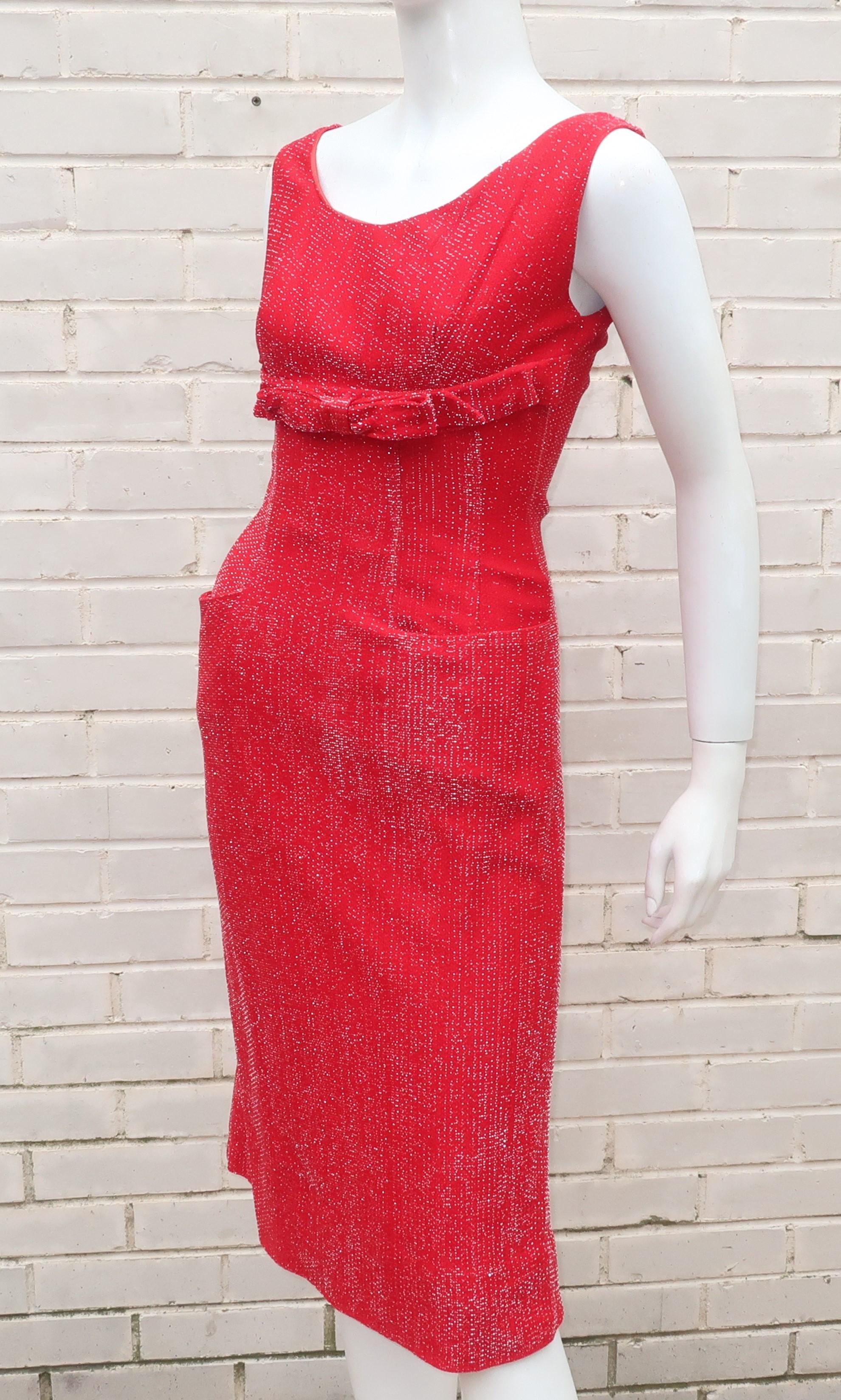 Red Silver Lamé Cocktail Wiggle Dress, 1950's For Sale 5