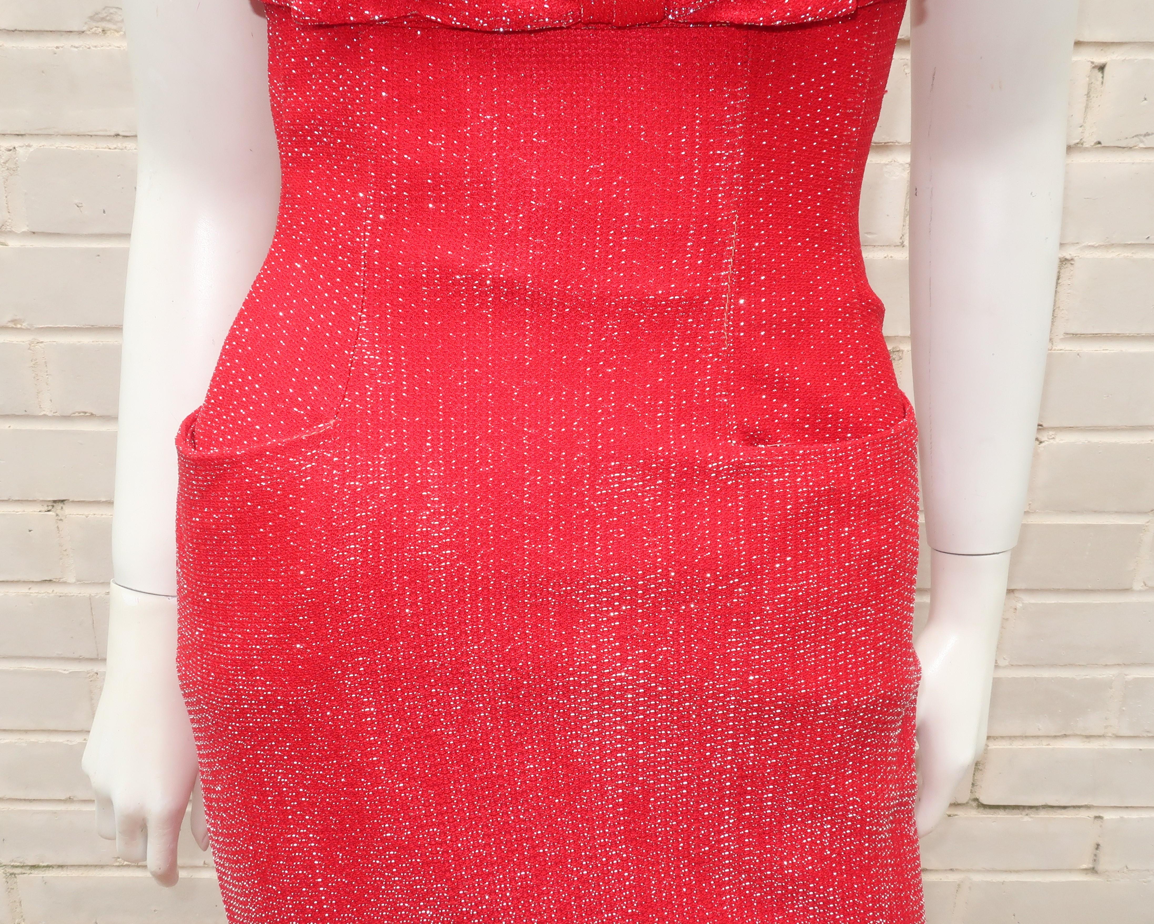 Red Silver Lamé Cocktail Wiggle Dress, 1950's In Good Condition For Sale In Atlanta, GA