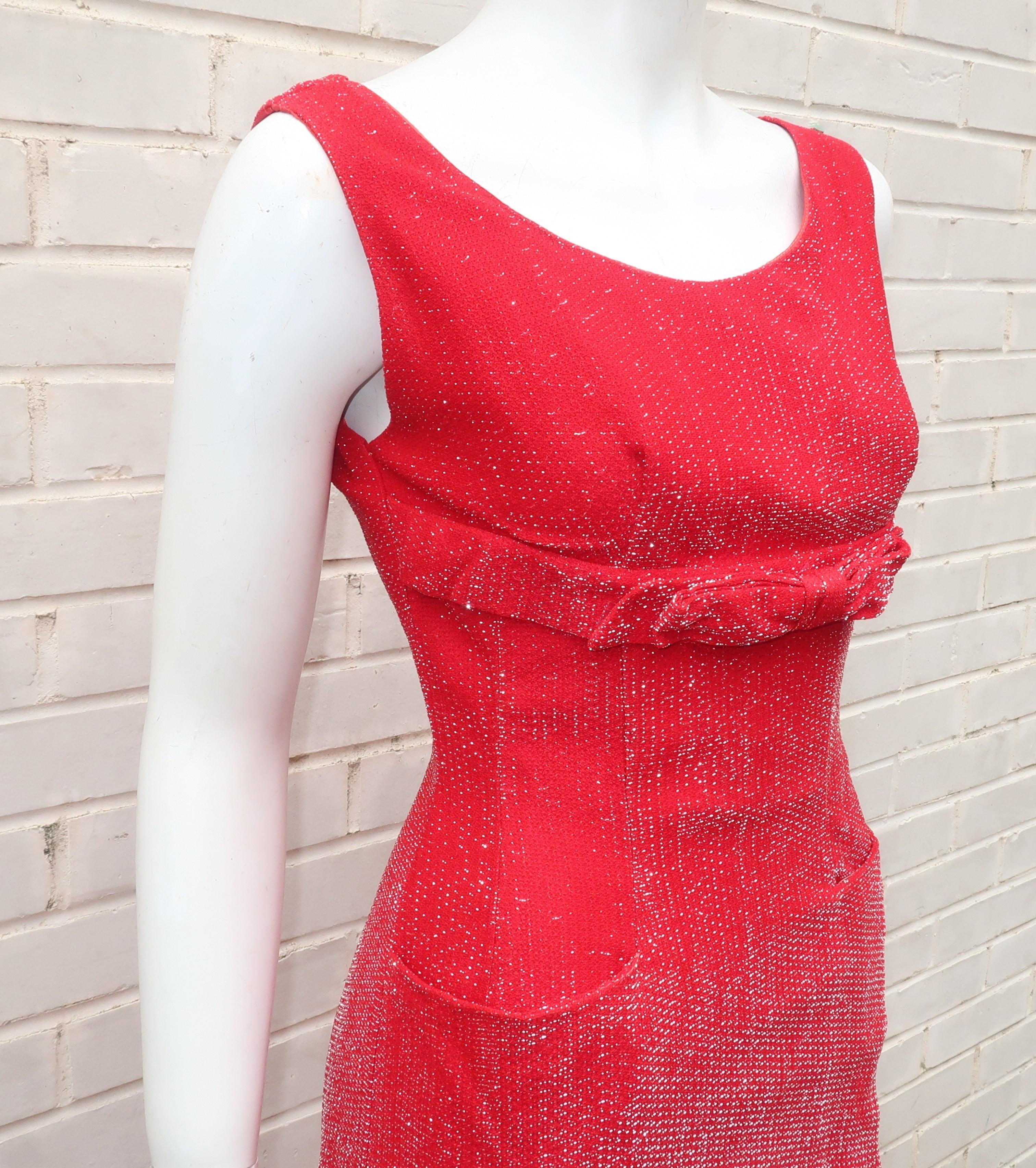 Women's Red Silver Lamé Cocktail Wiggle Dress, 1950's For Sale