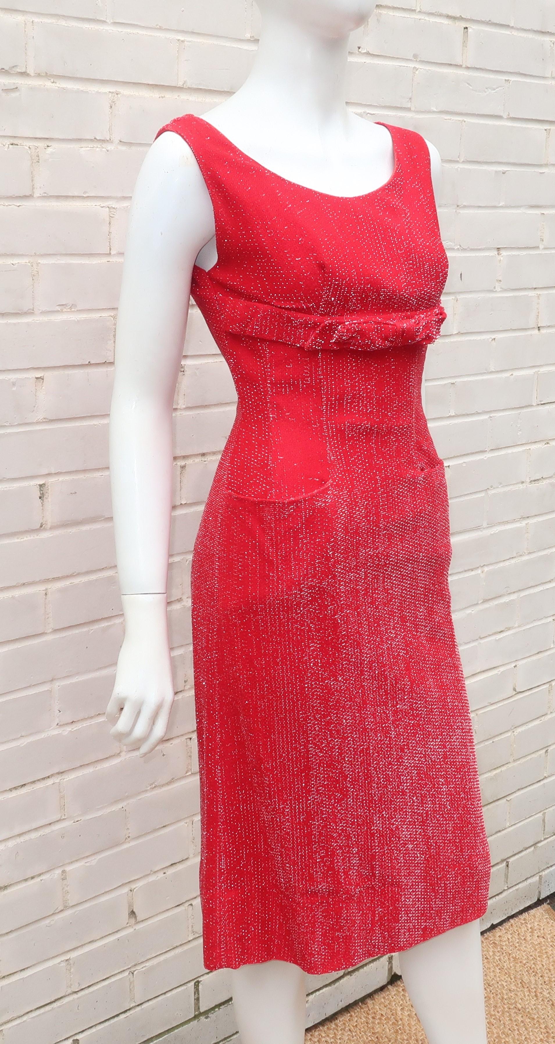 Red Silver Lamé Cocktail Wiggle Dress, 1950's For Sale 1