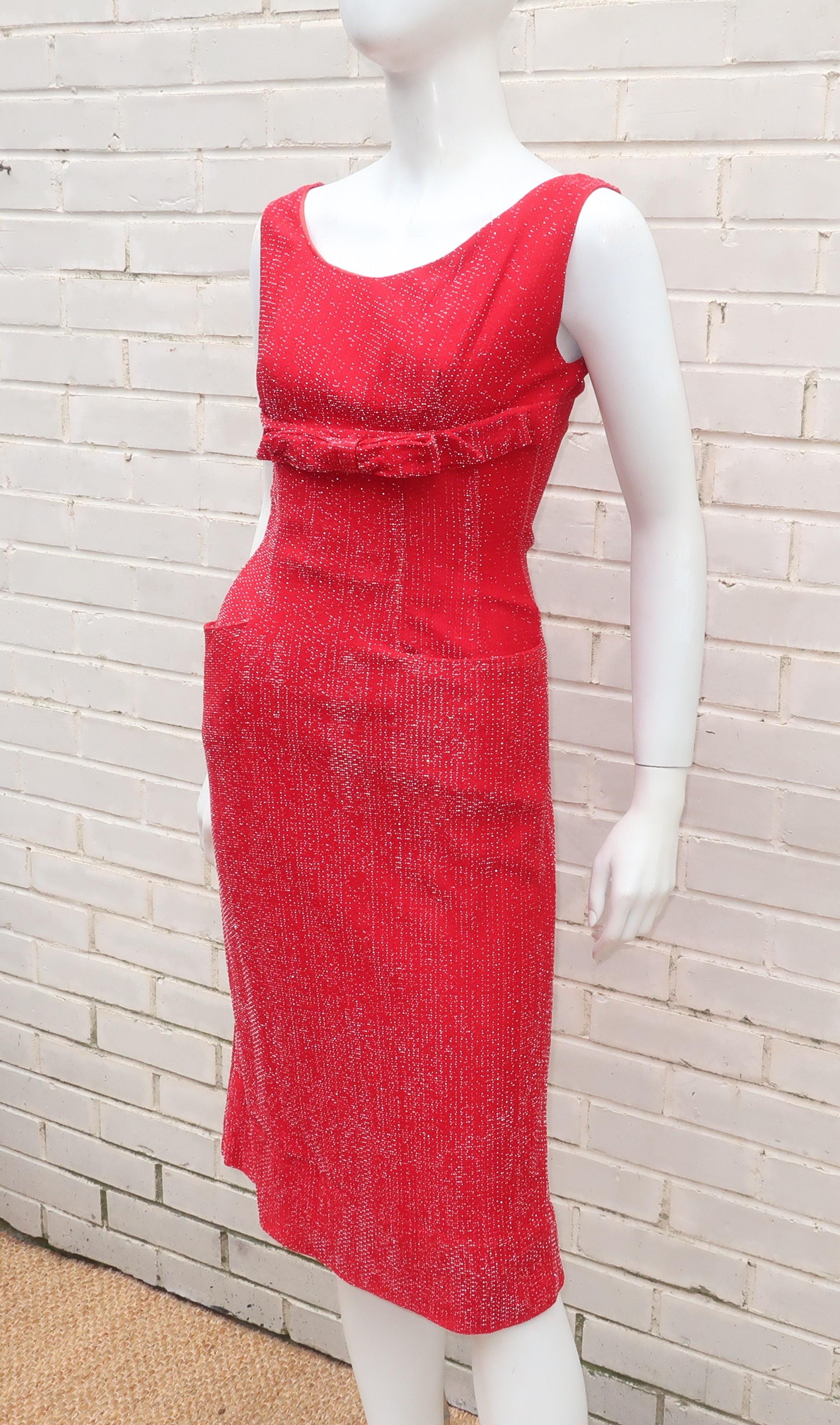 Red Silver Lamé Cocktail Wiggle Dress, 1950's For Sale 2