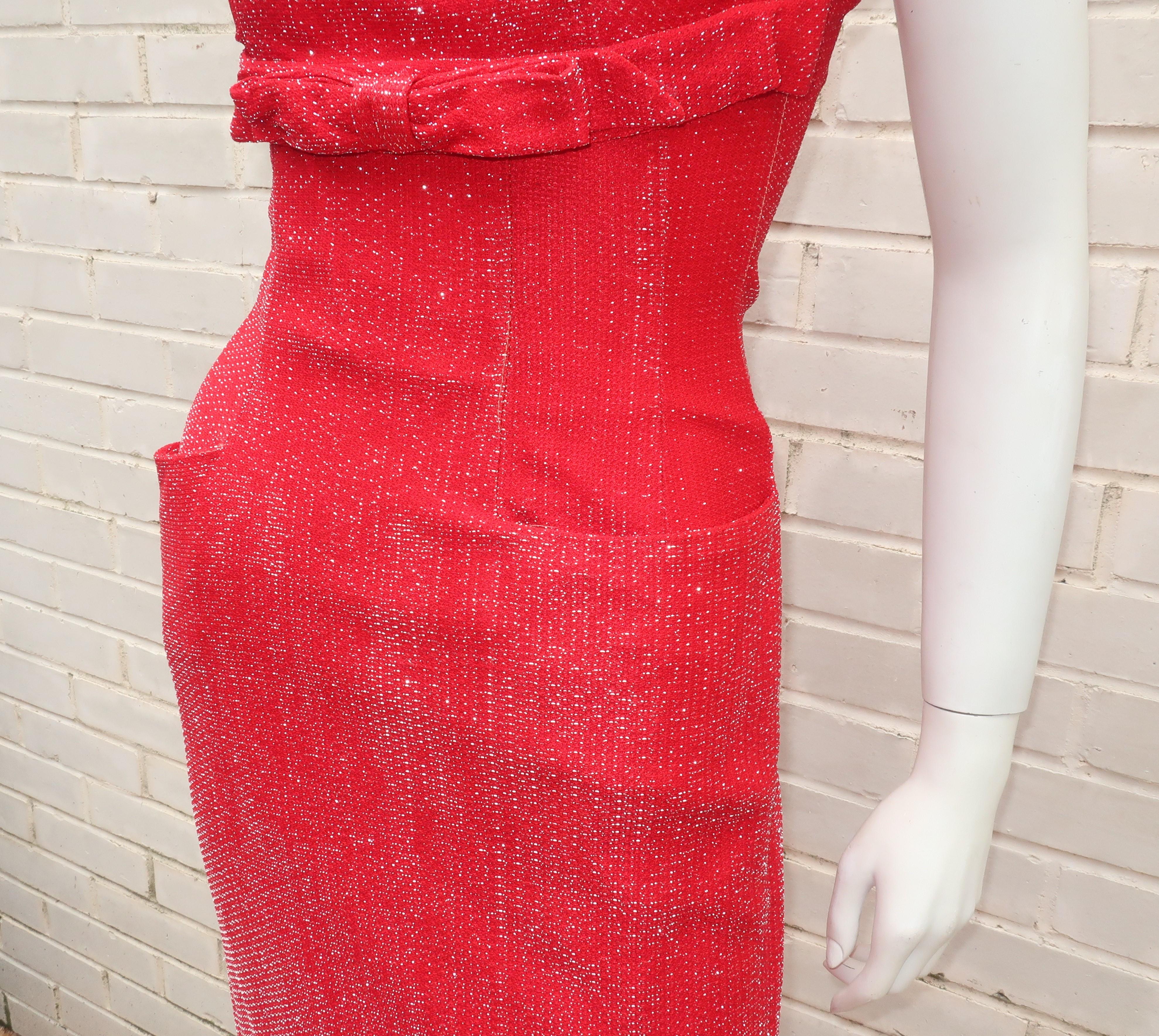 Red Silver Lamé Cocktail Wiggle Dress, 1950's For Sale 4