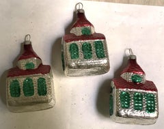 Red & Silver Mercury Blown Glass Church Christmas Tree Ornaments Lot of 3