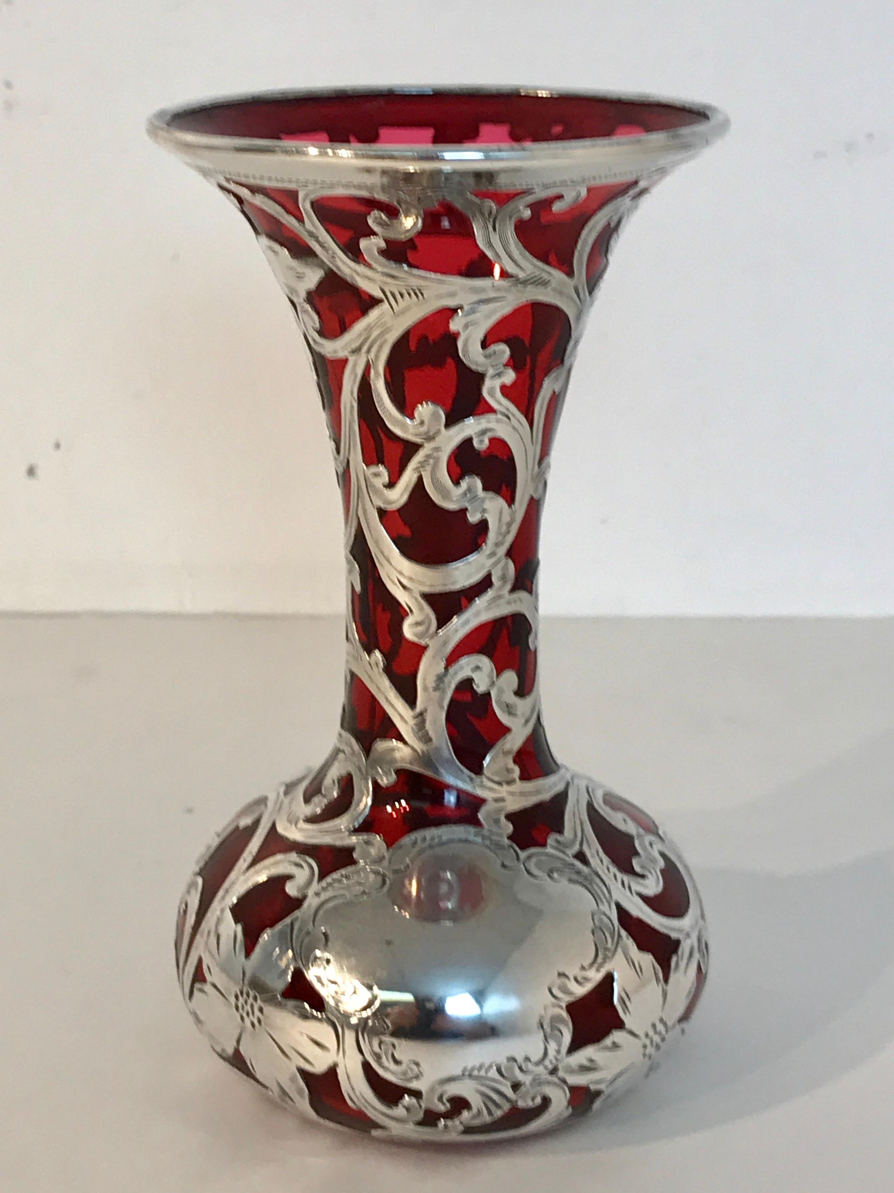 Red Silveroverlay vase, by Alvin Silver Co., with heavy and crisp silverwork, fully marked.