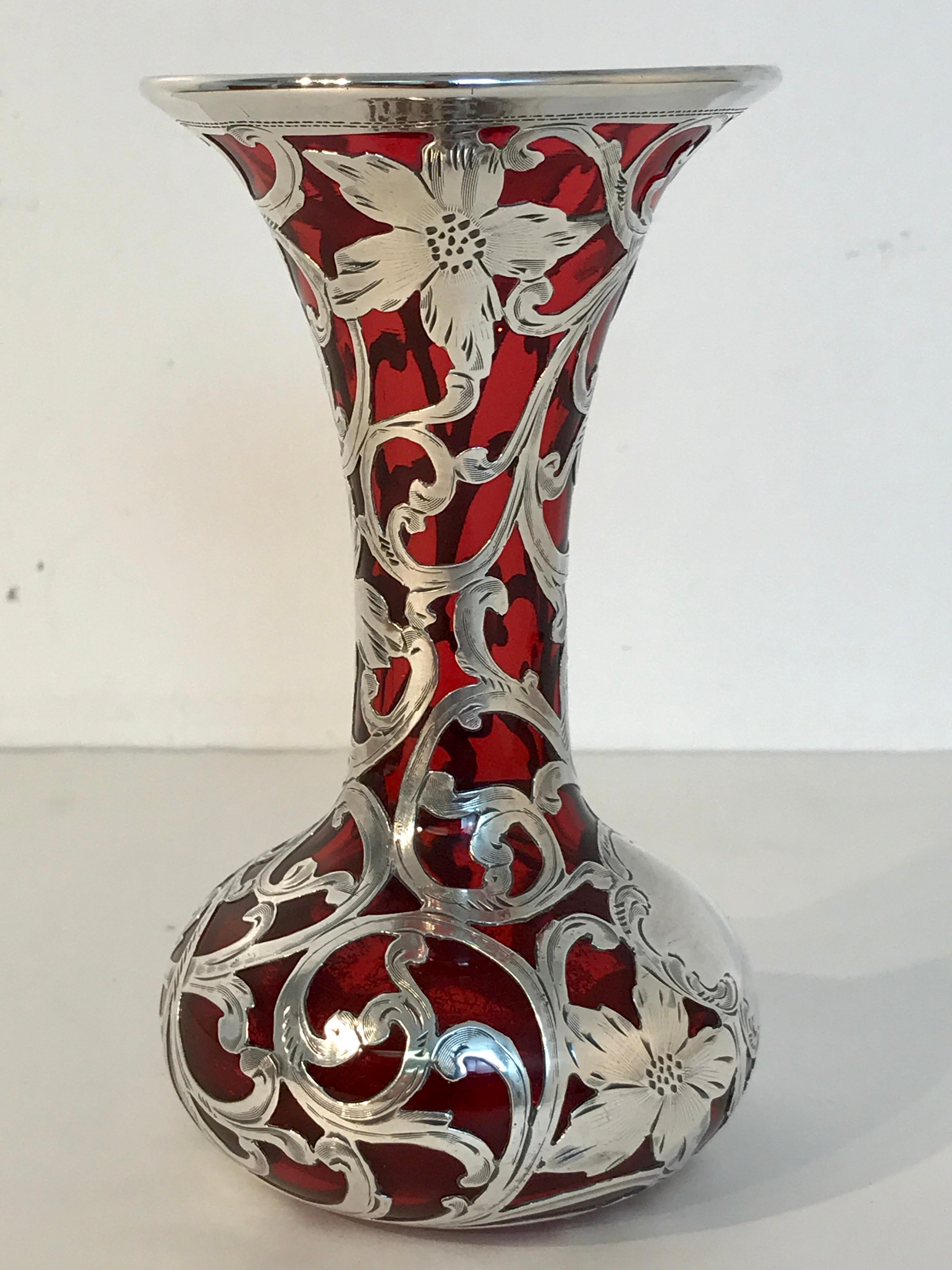 American Red Silveroverlay Vase, by Alvin Silver Co.