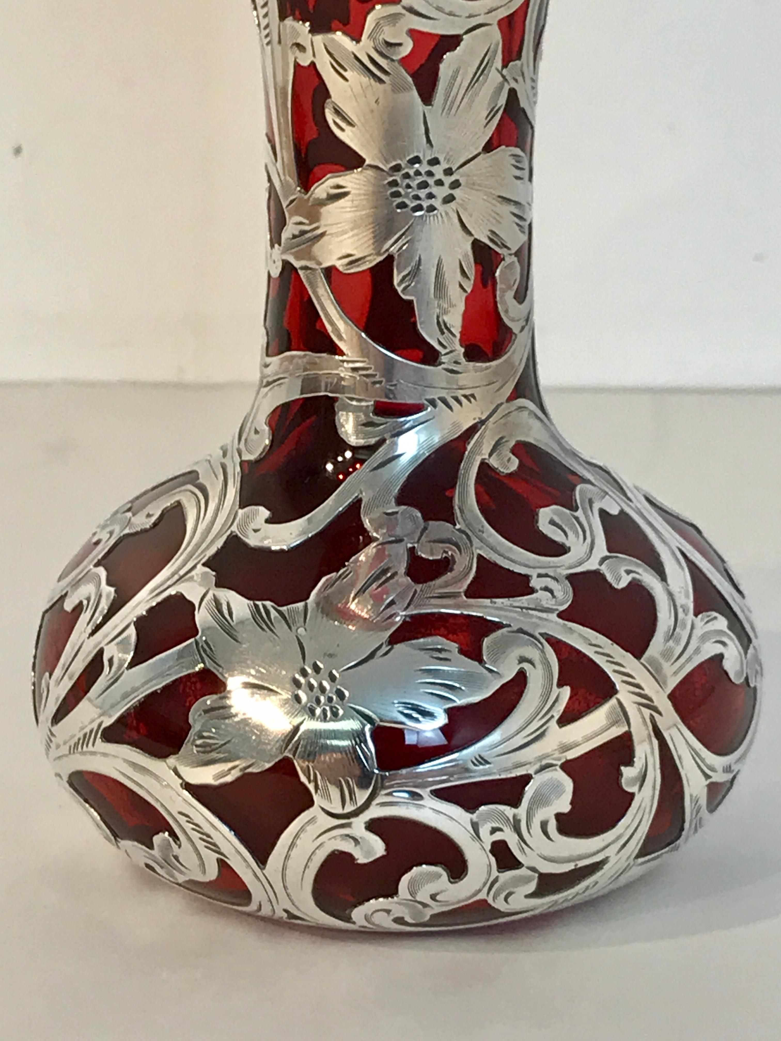 20th Century Red Silveroverlay Vase, by Alvin Silver Co.