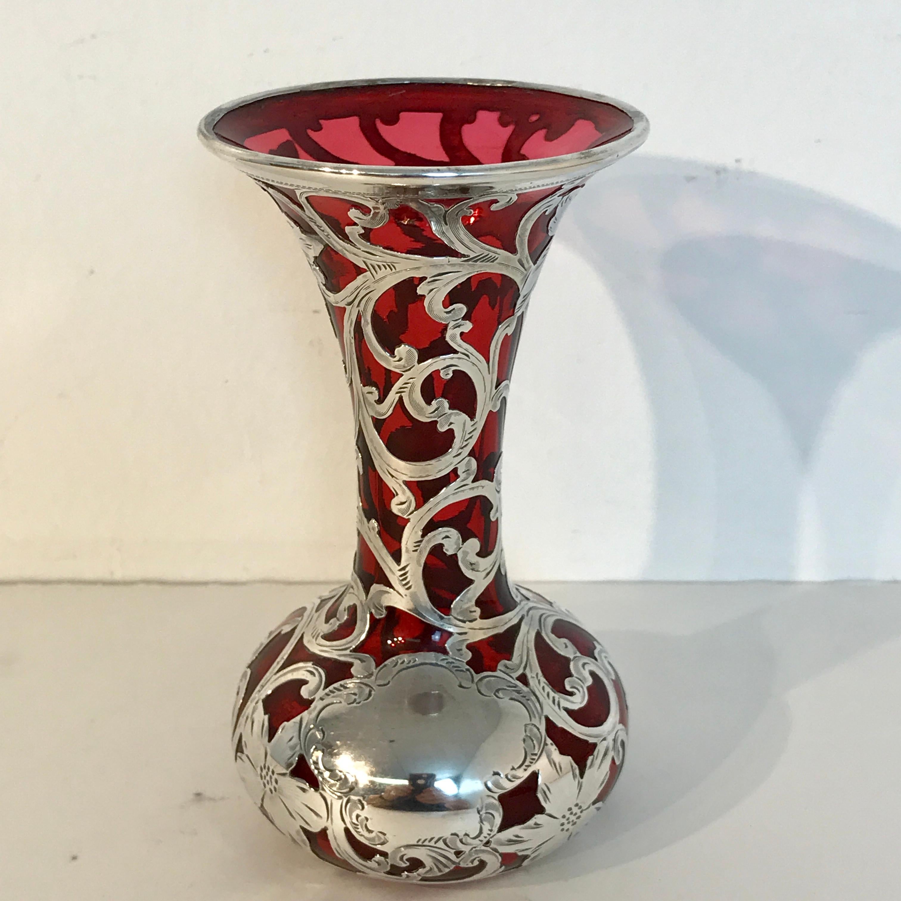 Sterling Silver Red Silveroverlay Vase, by Alvin Silver Co.