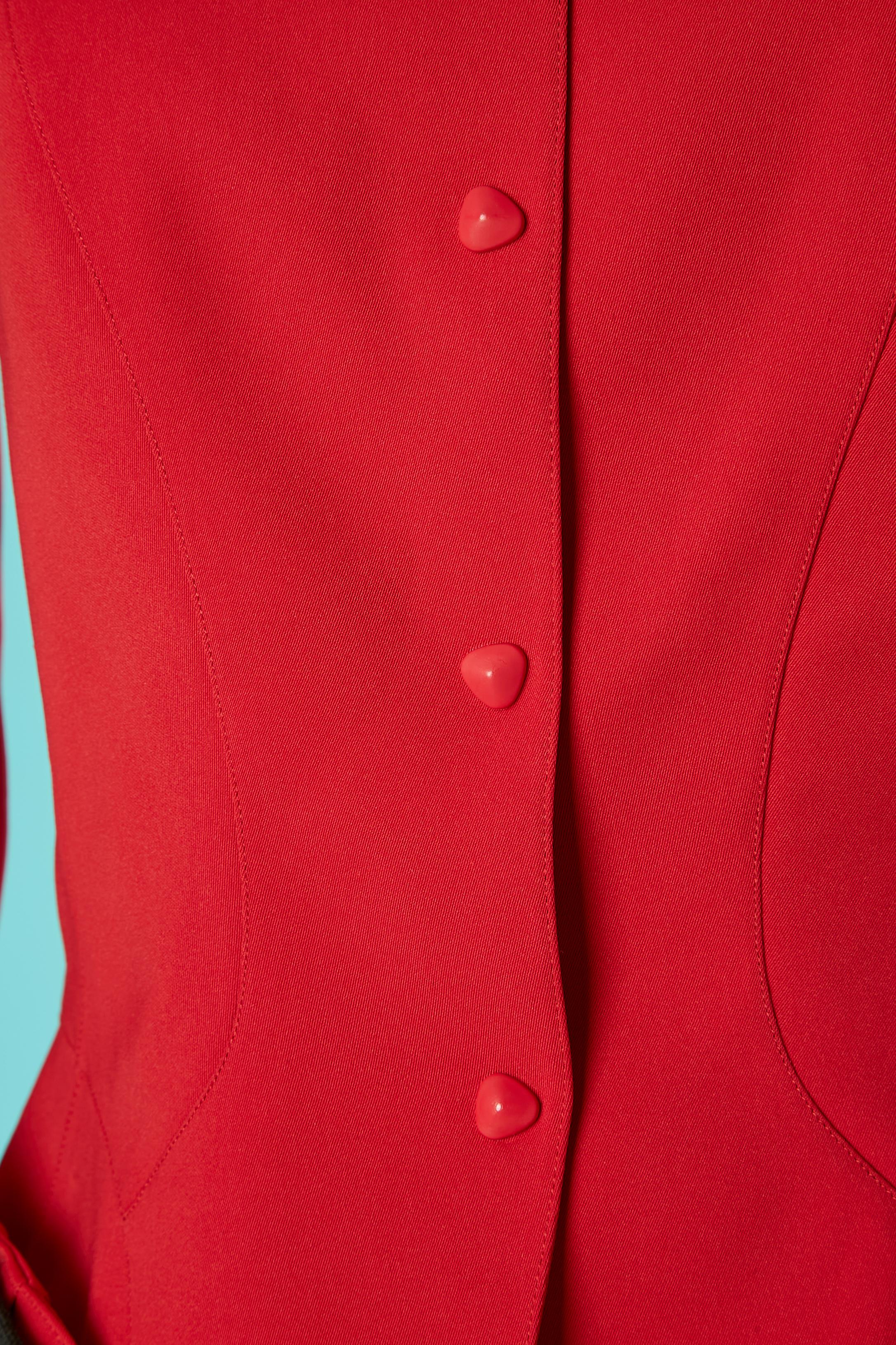 Tailleur jupe rouge avec nœud en Grain sur les poches Thierry Mugler Circa 1980 Pour femmes en vente
