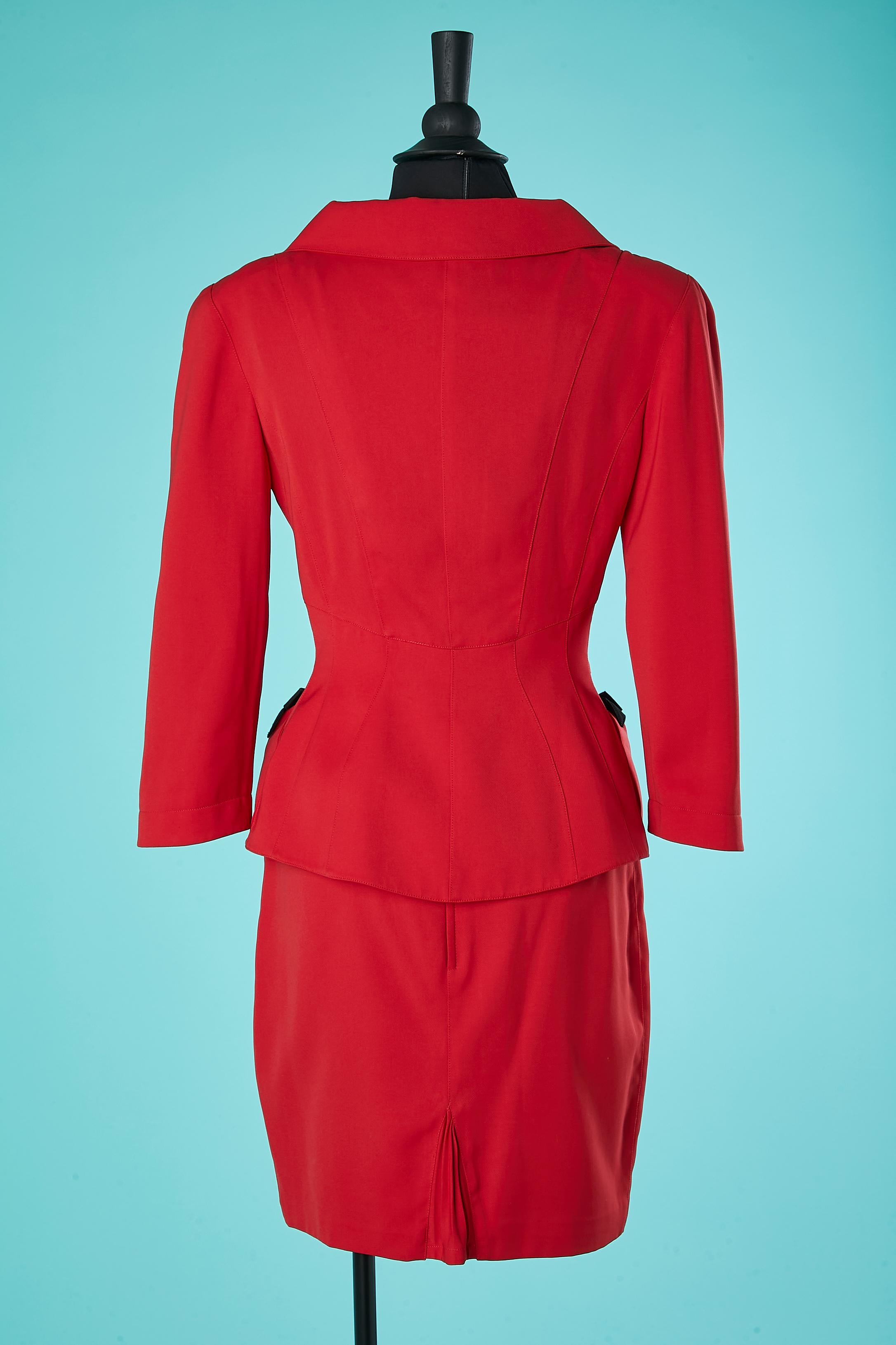 Red skirt suit with gros-grain bow on the pockets Thierry Mugler Circa 1980 For Sale 2