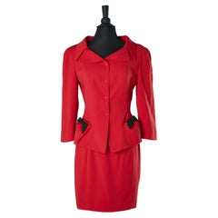 Red skirt suit with gros-grain bow on the pockets Thierry Mugler Circa 1980