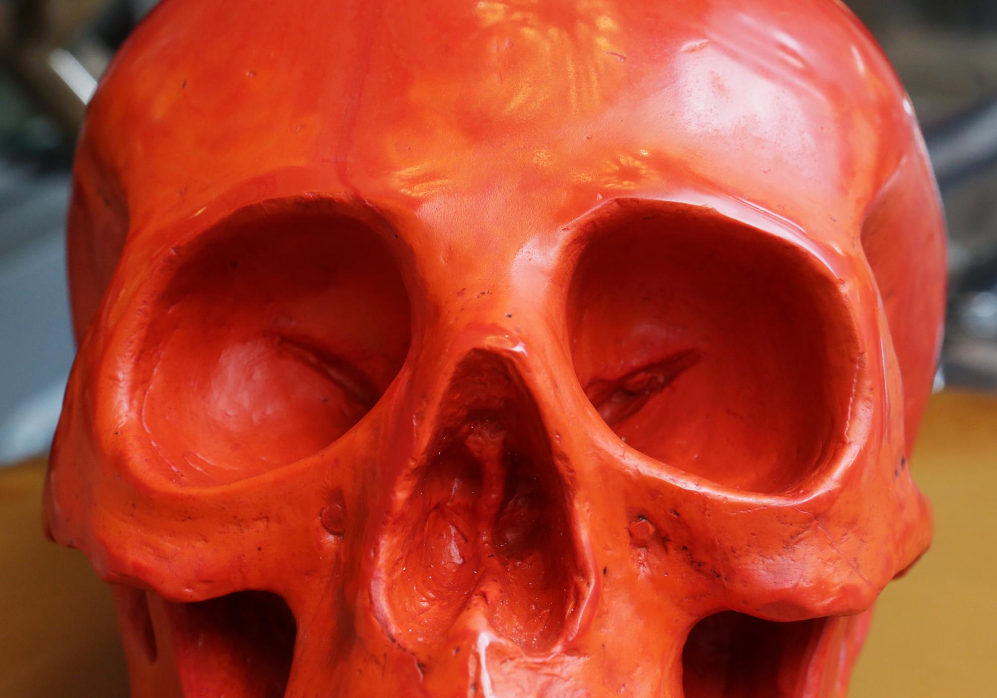 Sculpture de crâne rouge en pâte de verre noirci en vente 3
