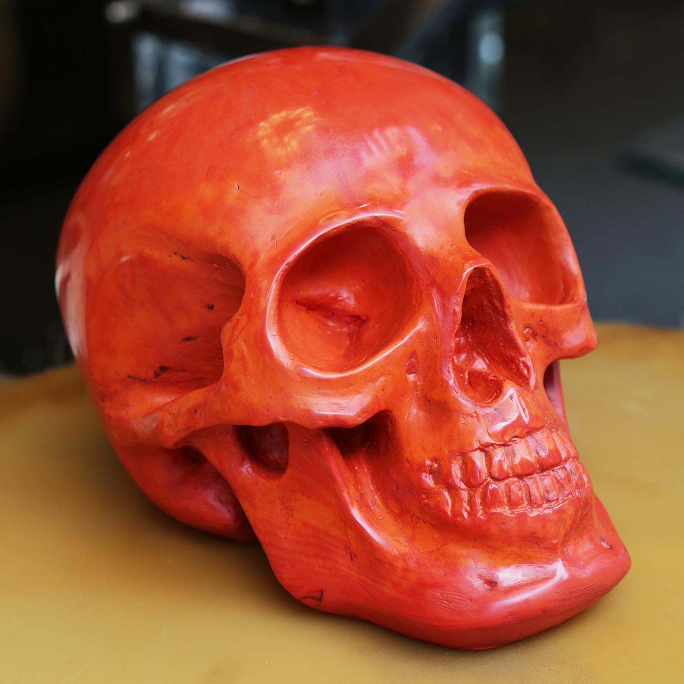 French Red Skull Sculpture in Blackened Glass Paste For Sale