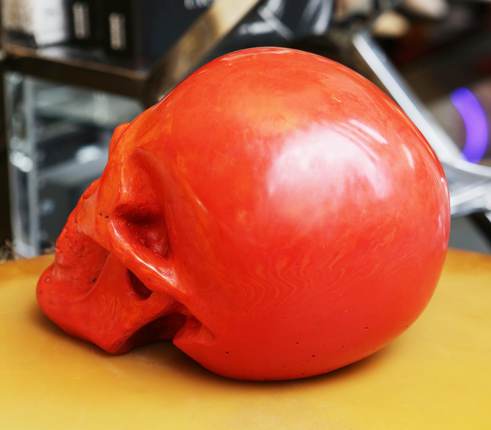 Hand-Crafted Red Skull Sculpture in Blackened Glass Paste For Sale
