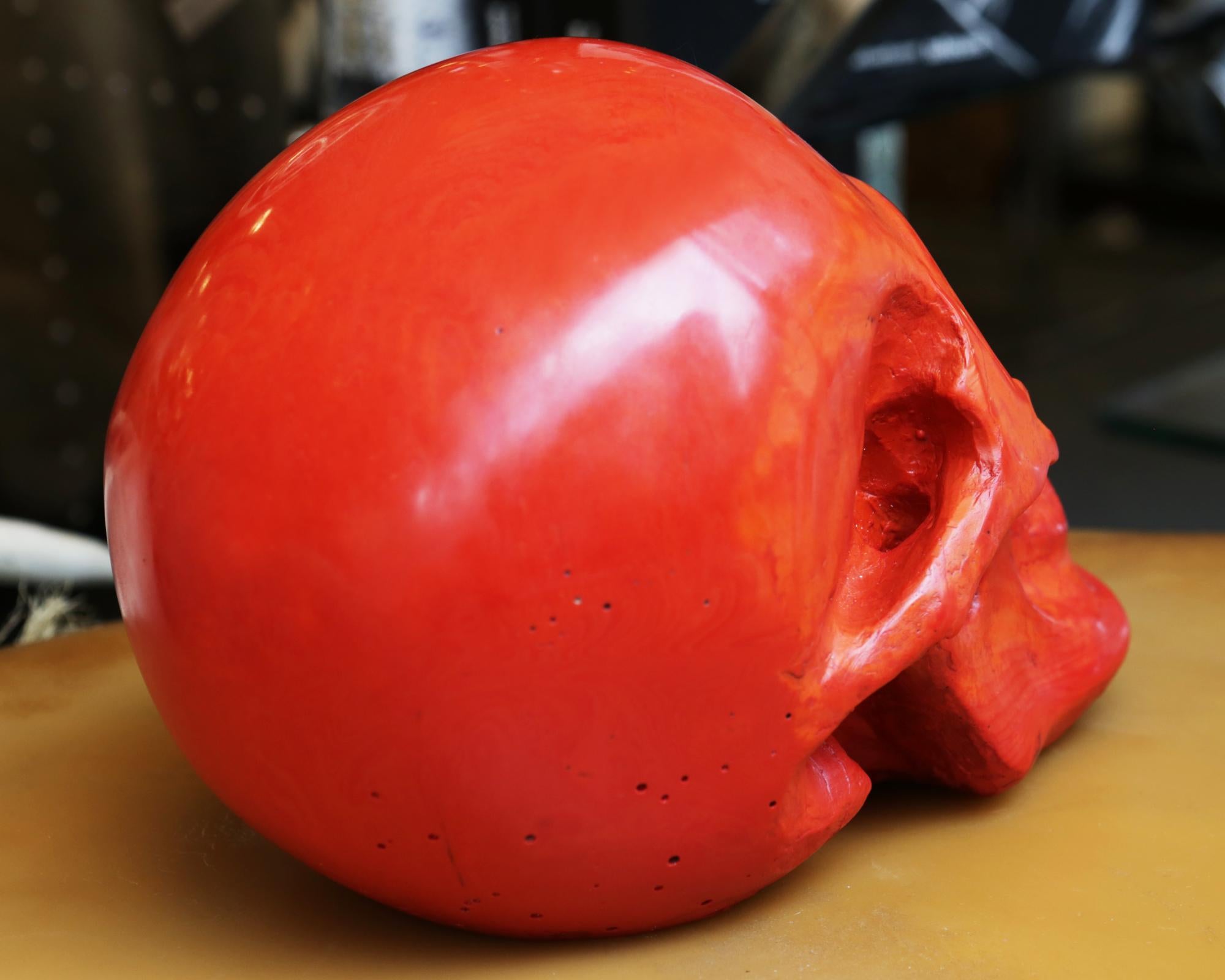 Contemporary Red Skull Sculpture in Blackened Glass Paste For Sale