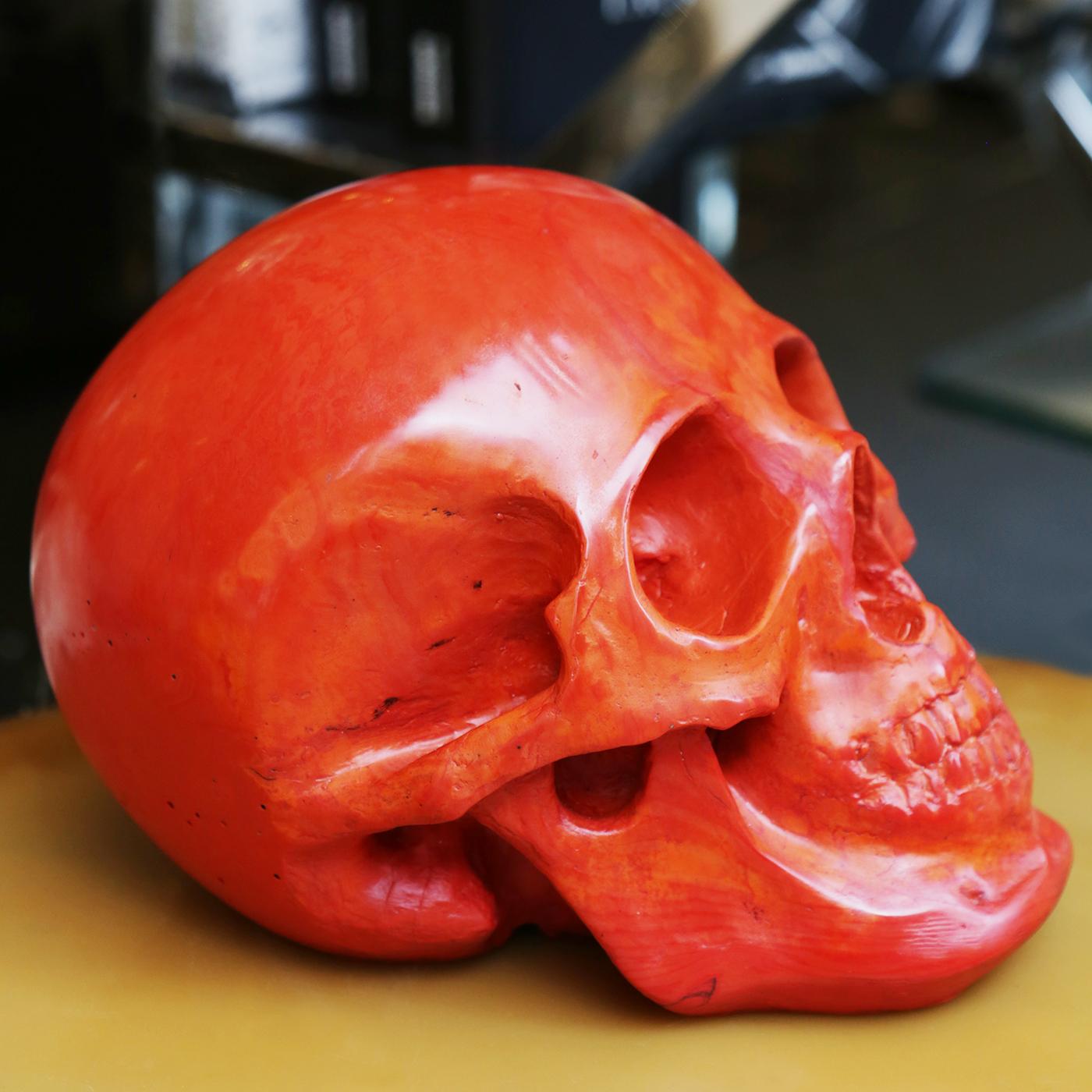 Red Skull Sculpture in Blackened Glass Paste For Sale 1