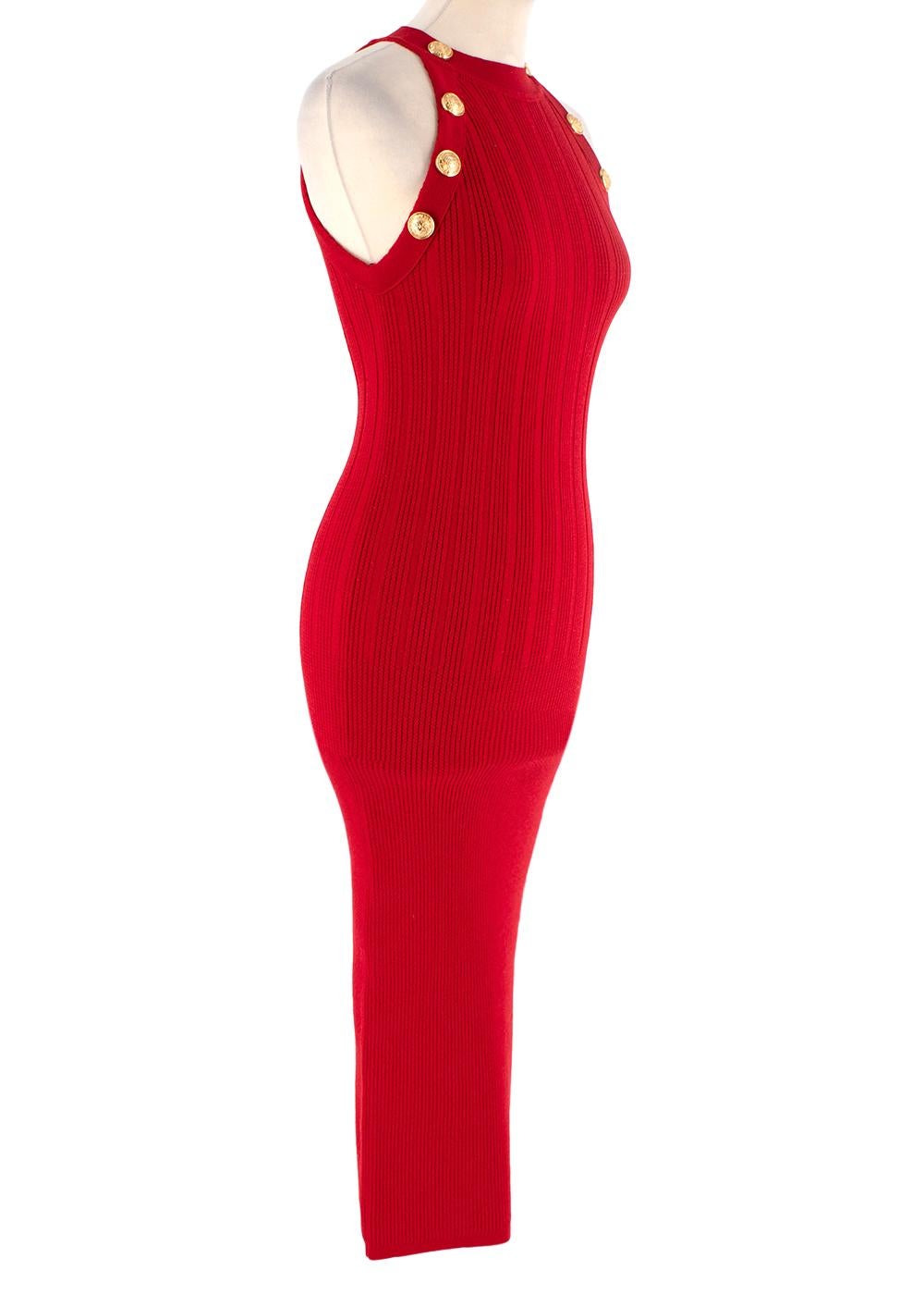 Balmain Red Sleeveless Rib-Knit Dress

- Bright red, form-fitting sheath dress crafted from ribbed stretch-knit
- Halter-style round neck, sleeveless with armholes adorned with signature gold-tone buttons  
- Exposed gold-tone back zip
-