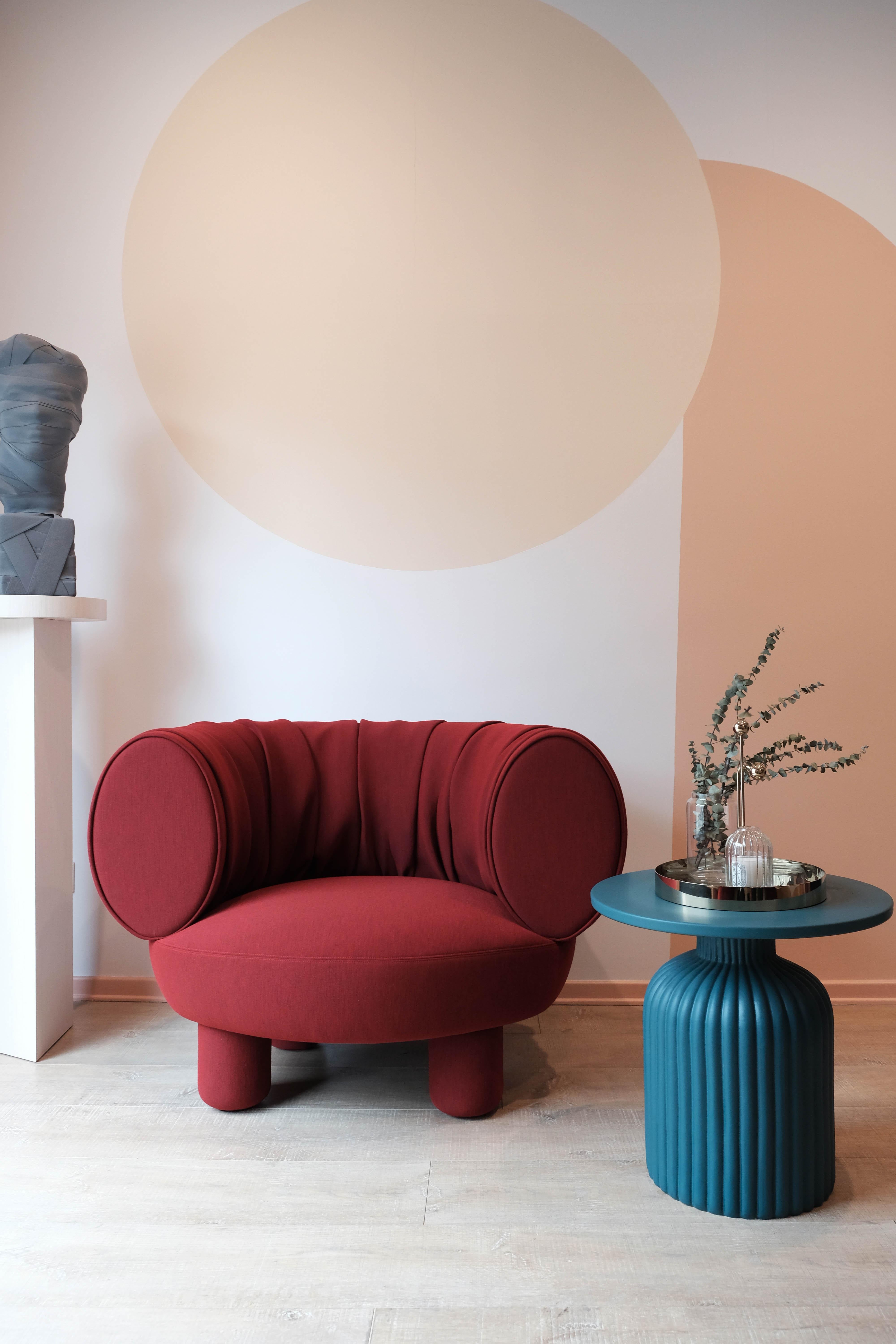 Red sofa designed by Thomas Dariel, Maison Dada
L 113 x D 80 x H 80cm
Structure in solid timber and plywood
Memory Foam
Legs and seating fully upholstered in fabric
Recommended fabric • Febrik Uniform Melange Collection from Kvadrat
Other fabric