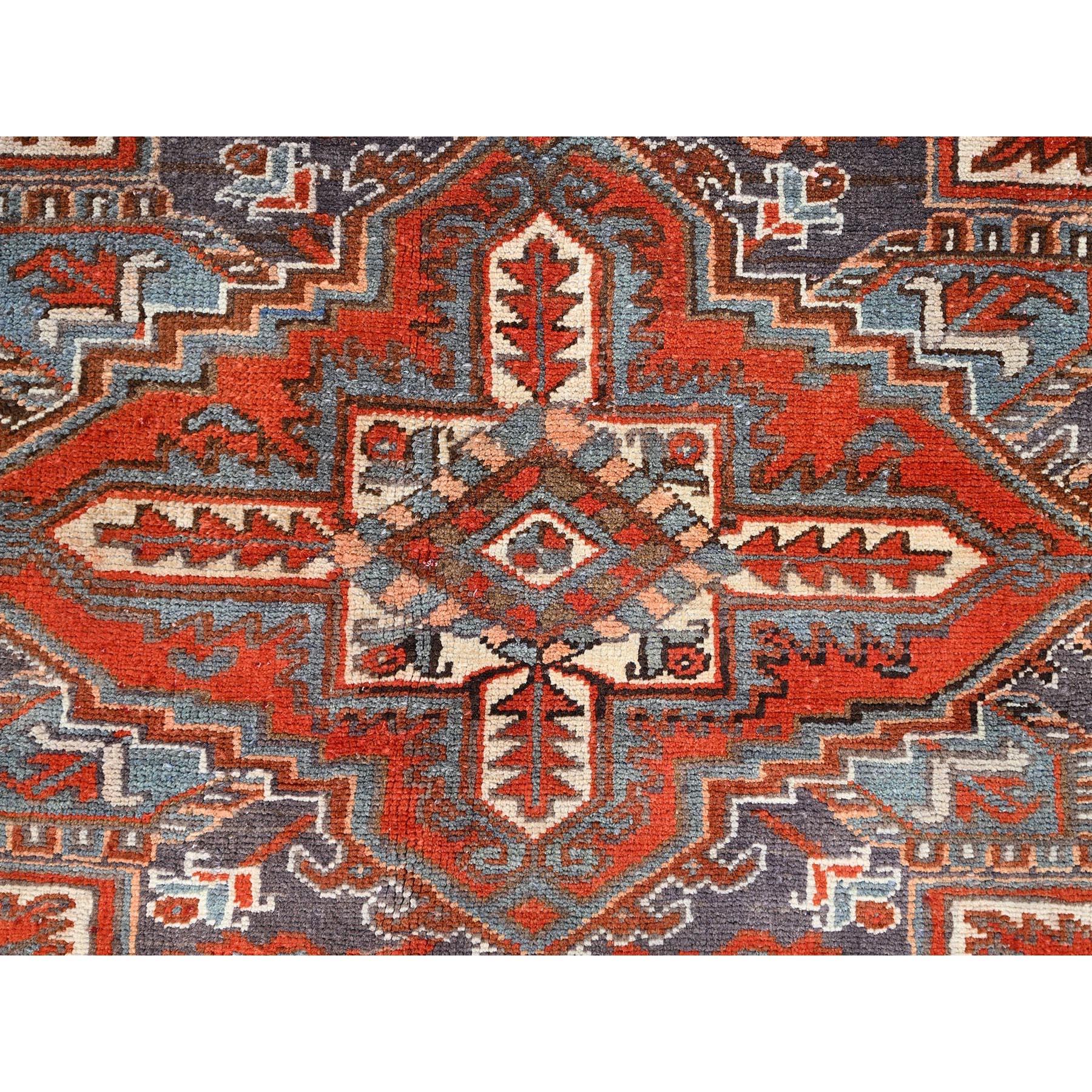 Red Soft Wool Hand Knotted Old Persian Heriz Abrash Sides and Ends Secured Rug For Sale 4