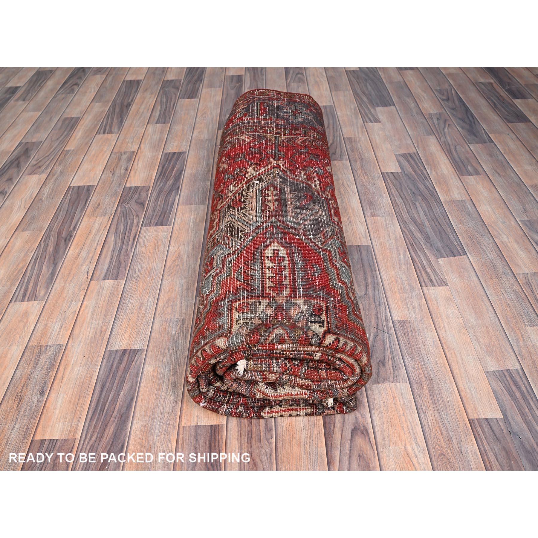Red Soft Wool Hand Knotted Old Persian Heriz Abrash Sides and Ends Secured Rug For Sale 5