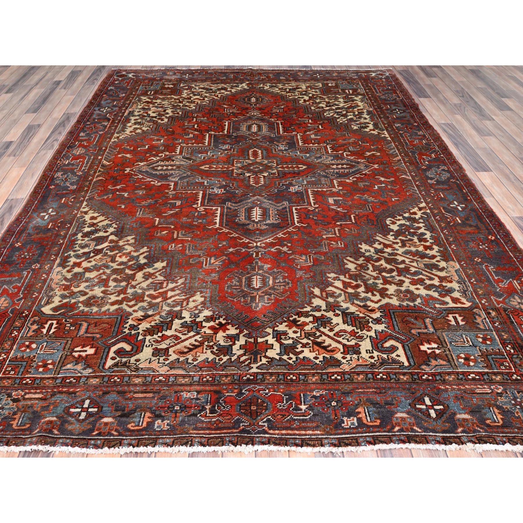 Hand-Knotted Red Soft Wool Hand Knotted Old Persian Heriz Abrash Sides and Ends Secured Rug For Sale