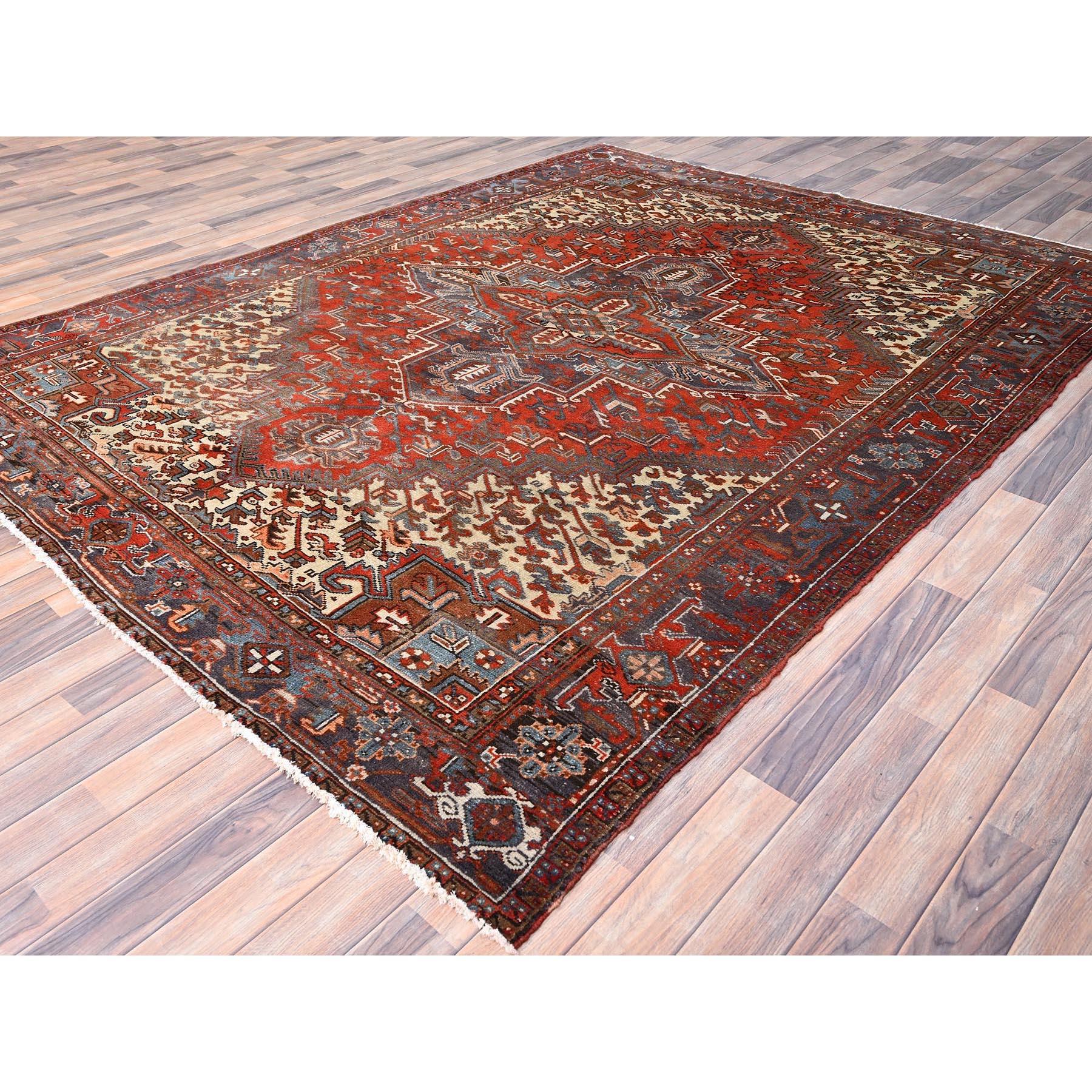 Red Soft Wool Hand Knotted Old Persian Heriz Abrash Sides and Ends Secured Rug In Good Condition For Sale In Carlstadt, NJ