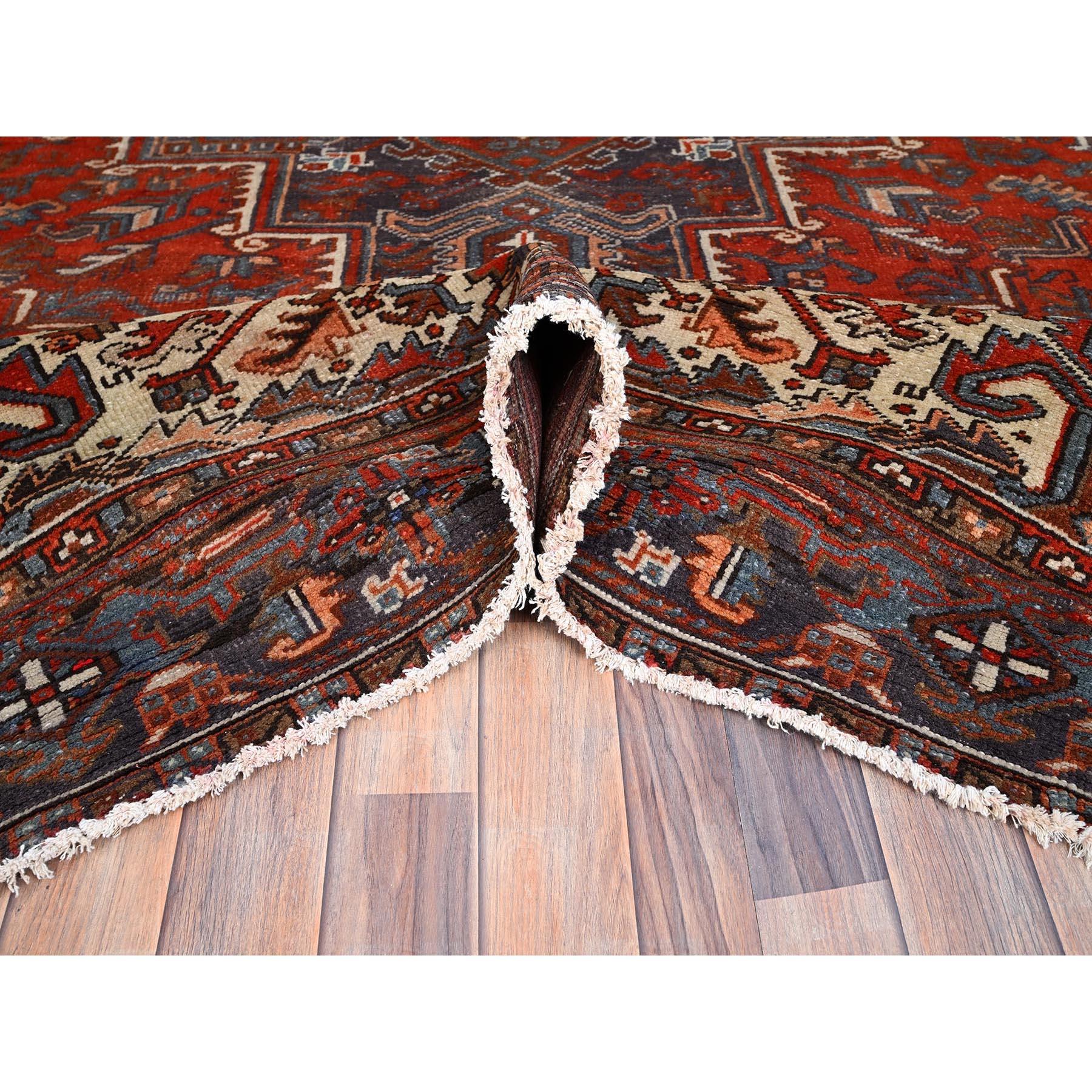 Red Soft Wool Hand Knotted Old Persian Heriz Abrash Sides and Ends Secured Rug For Sale 1