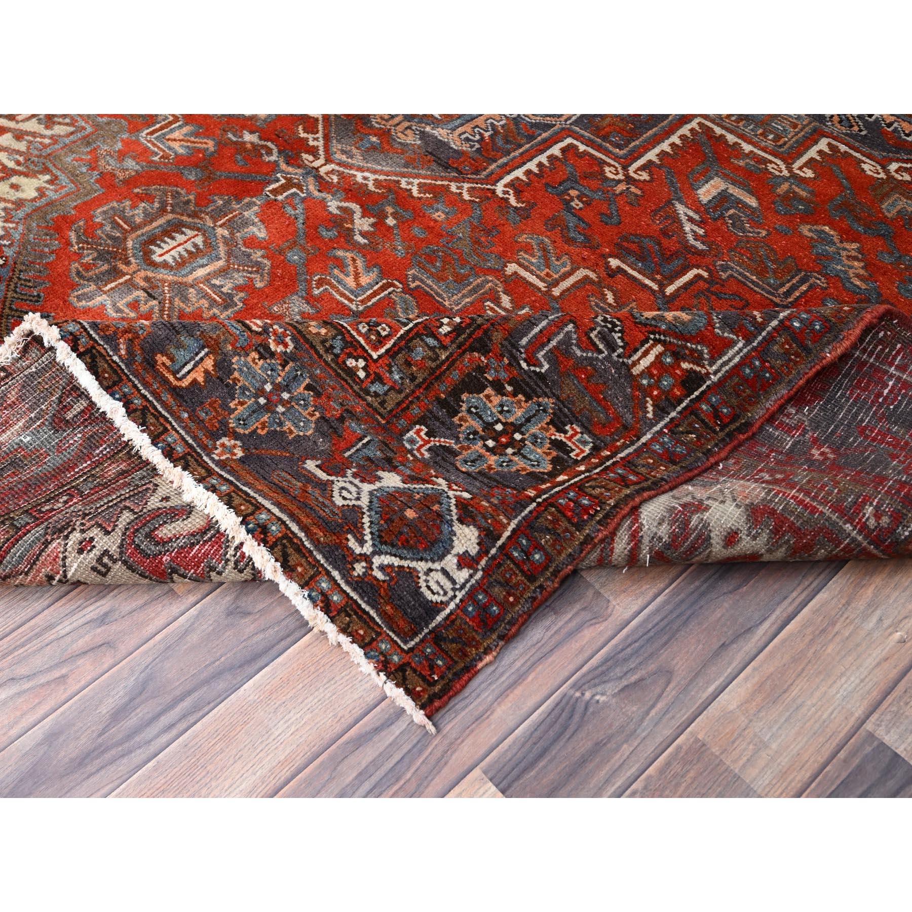 Red Soft Wool Hand Knotted Old Persian Heriz Abrash Sides and Ends Secured Rug For Sale 2
