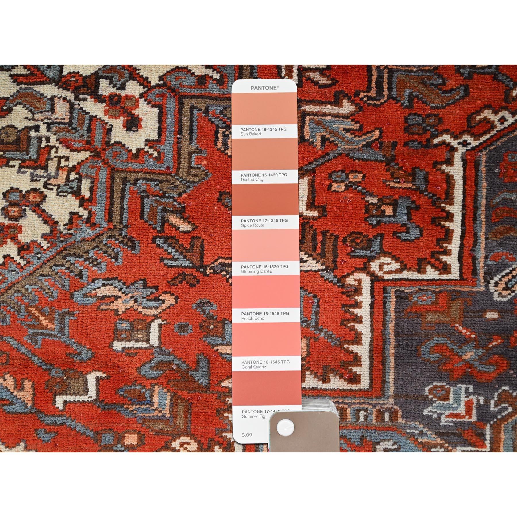 Red Soft Wool Hand Knotted Old Persian Heriz Abrash Sides and Ends Secured Rug For Sale 3