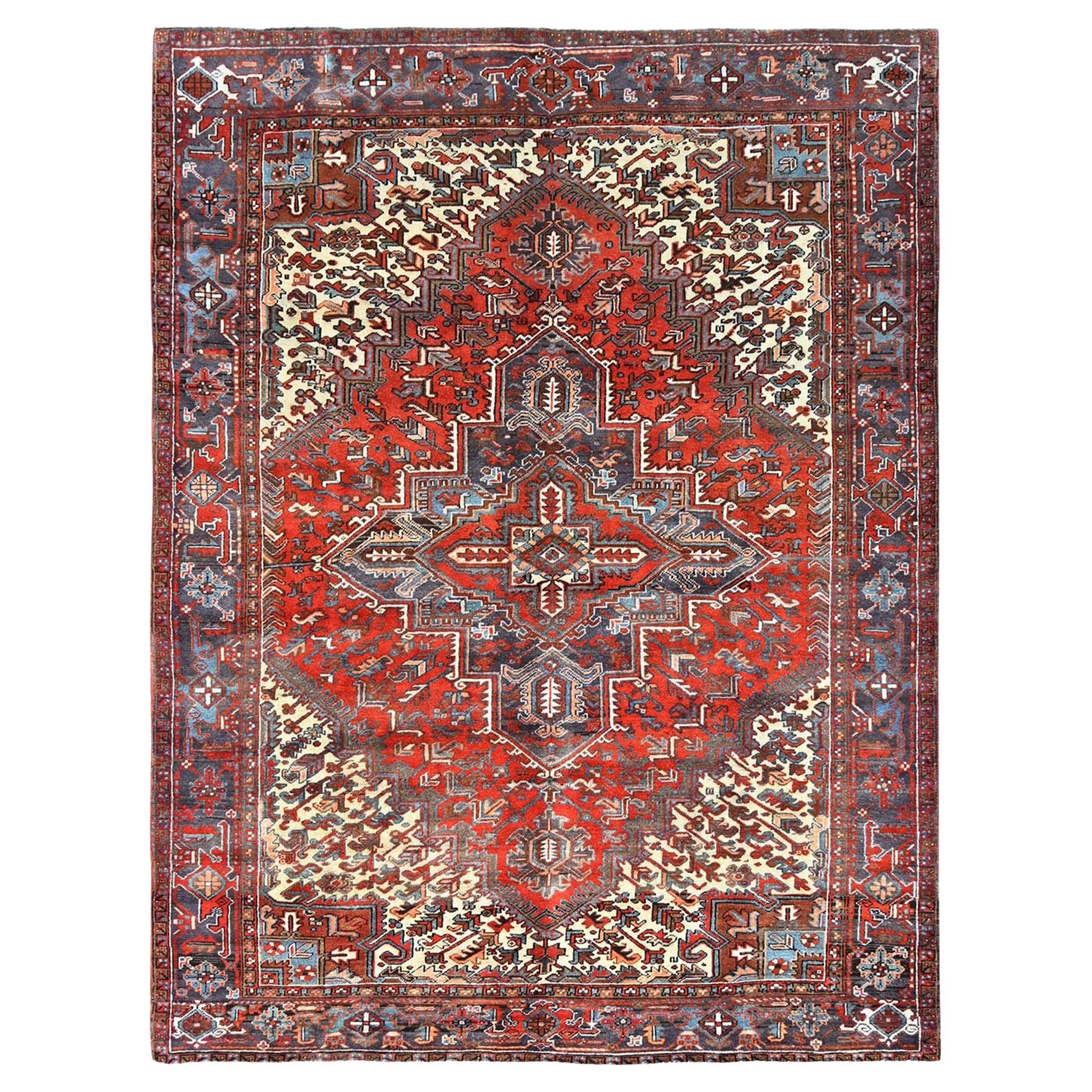 Red Soft Wool Hand Knotted Old Persian Heriz Abrash Sides and Ends Secured Rug For Sale