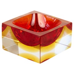 Vintage Red Sommerso Glass Dish with Yellow Accents