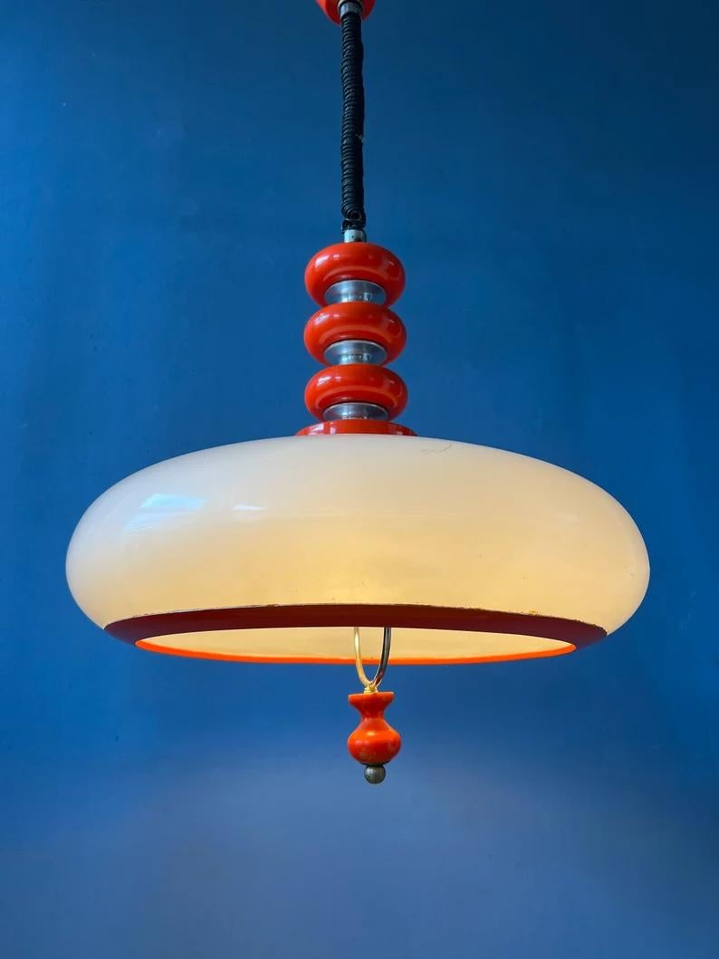 Red Space Age Pendant Lamp White Acrylic Glass Shade Mid Century Hanging Lamp In Good Condition For Sale In ROTTERDAM, ZH