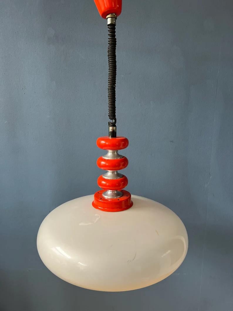 Metal Red Space Age Pendant Lamp White Acrylic Glass Shade Mid Century Hanging Lamp For Sale